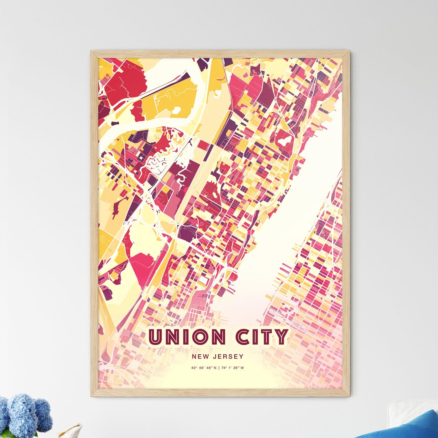 Colorful Union City New Jersey Fine Art Map Hot Red