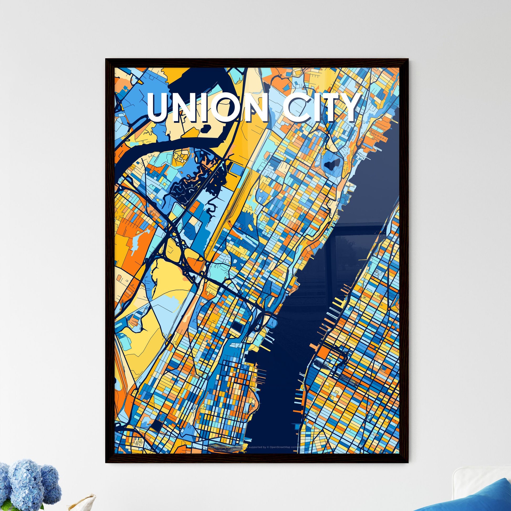 UNION CITY NEW JERSEY Vibrant Colorful Art Map Poster Blue Orange