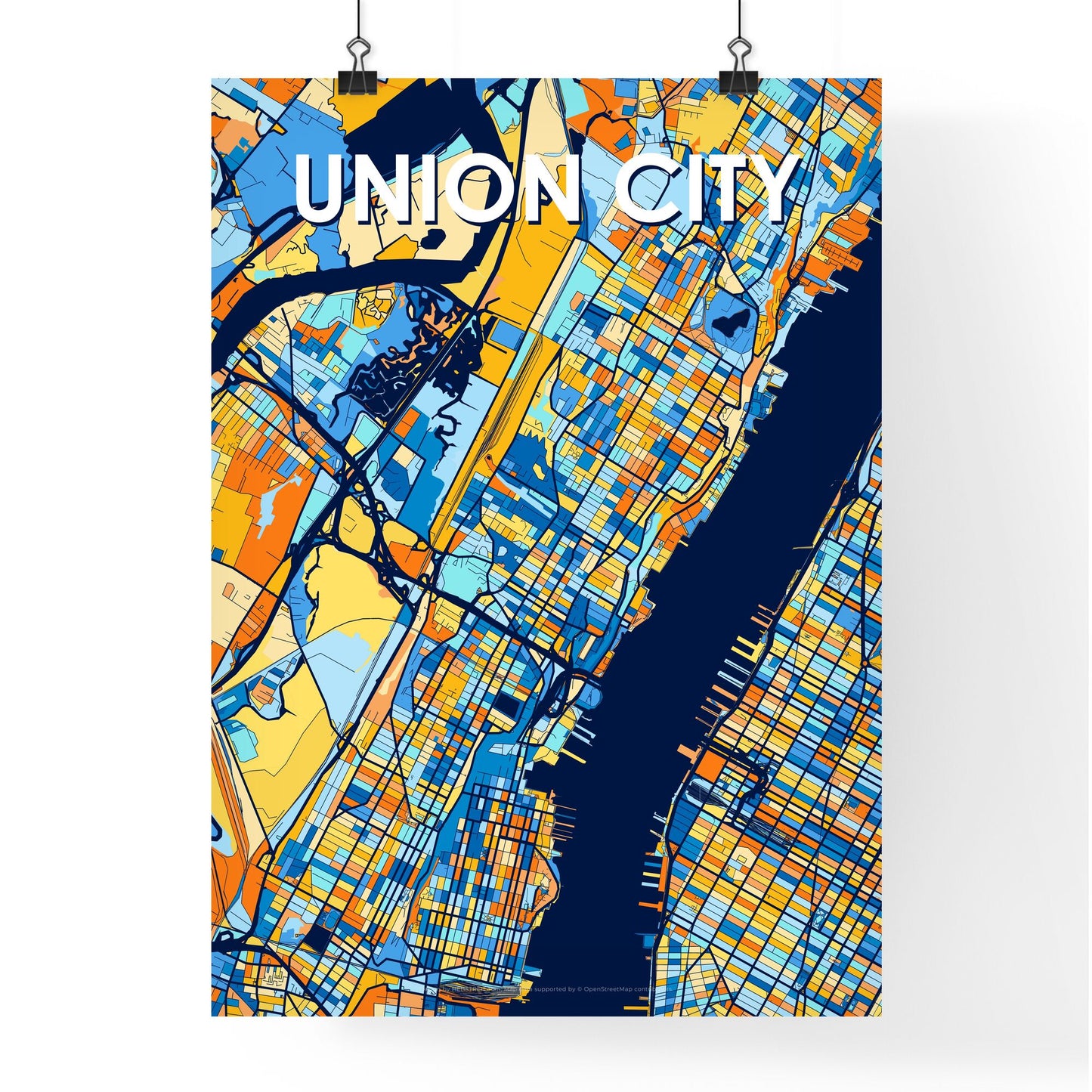 UNION CITY NEW JERSEY Vibrant Colorful Art Map Poster Blue Orange