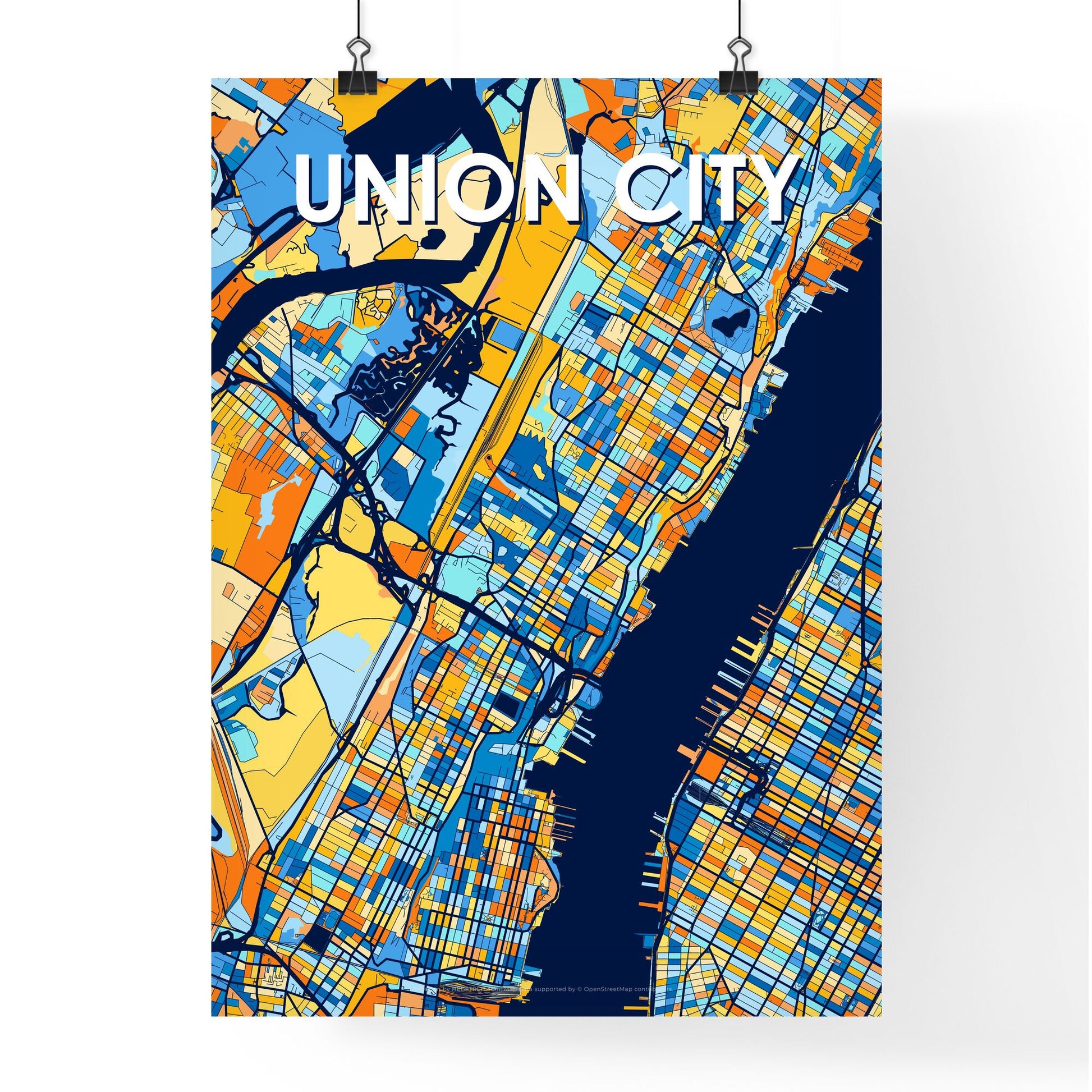 UNION CITY NEW JERSEY Vibrant Colorful Art Map Poster Blue Orange