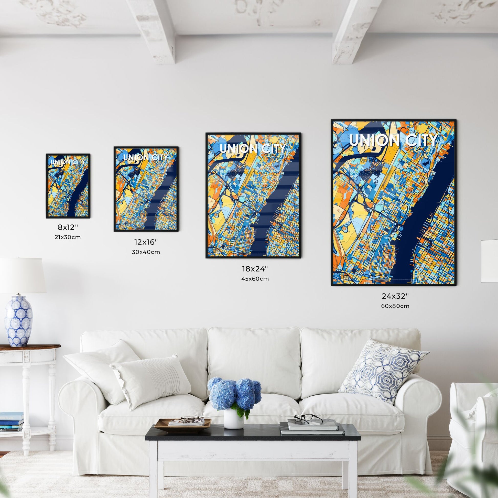 UNION CITY NEW JERSEY Vibrant Colorful Art Map Poster Blue Orange