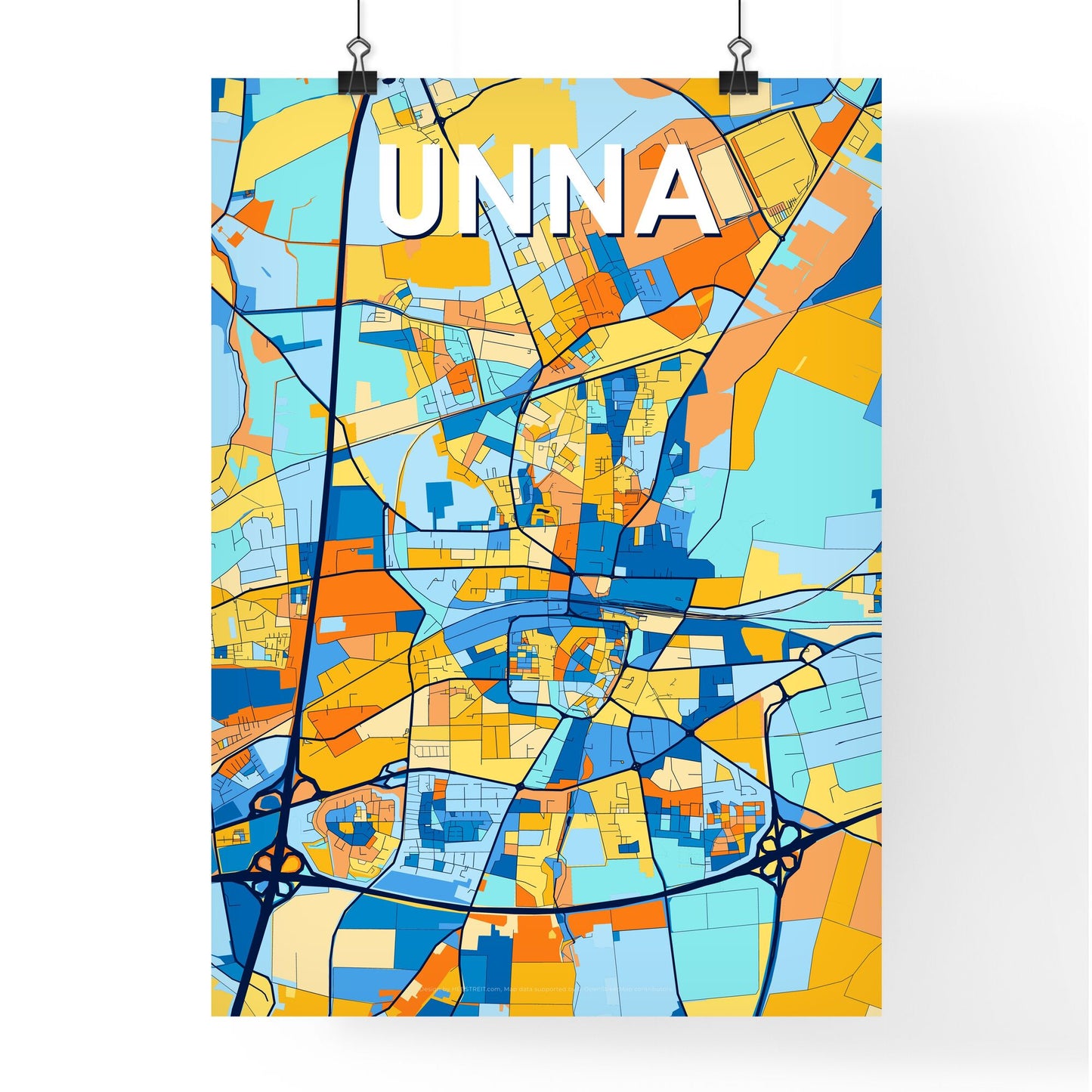 UNNA GERMANY Vibrant Colorful Art Map Poster Blue Orange