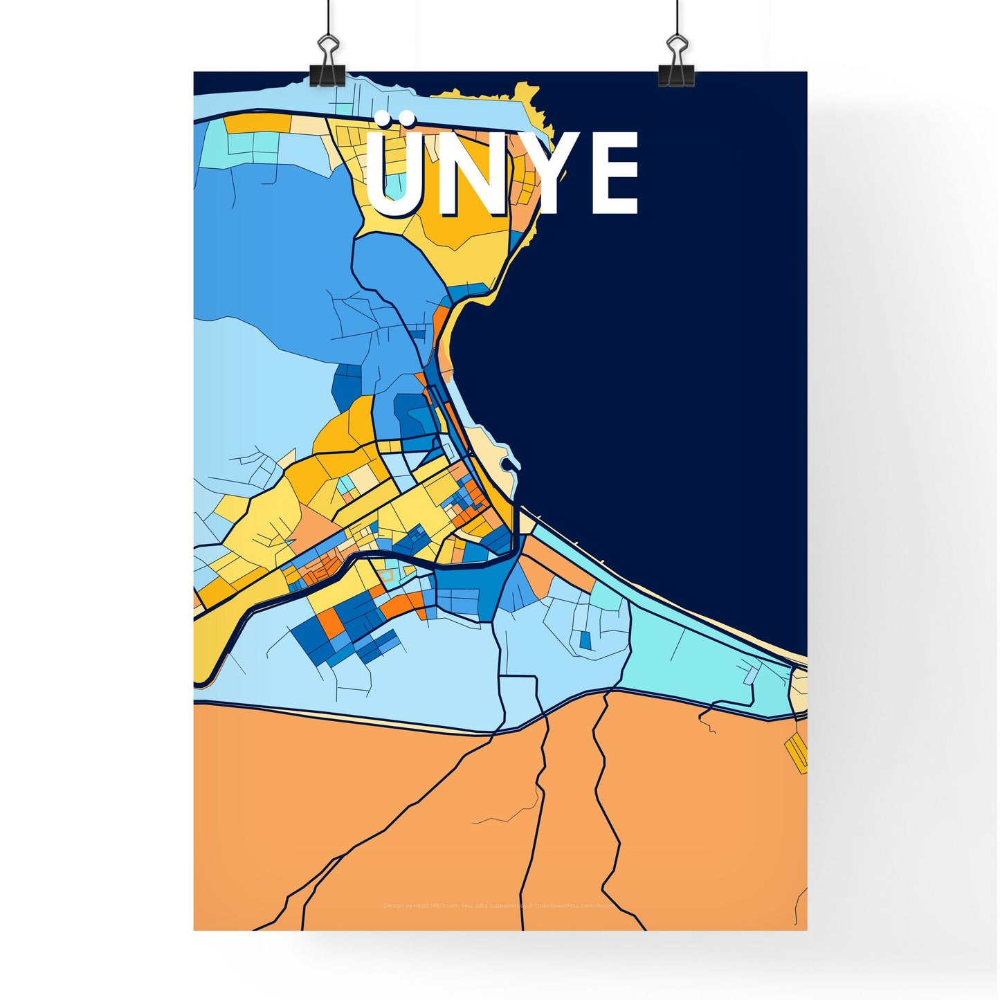 ÜNYE TURKEY Vibrant Colorful Art Map Poster Blue Orange