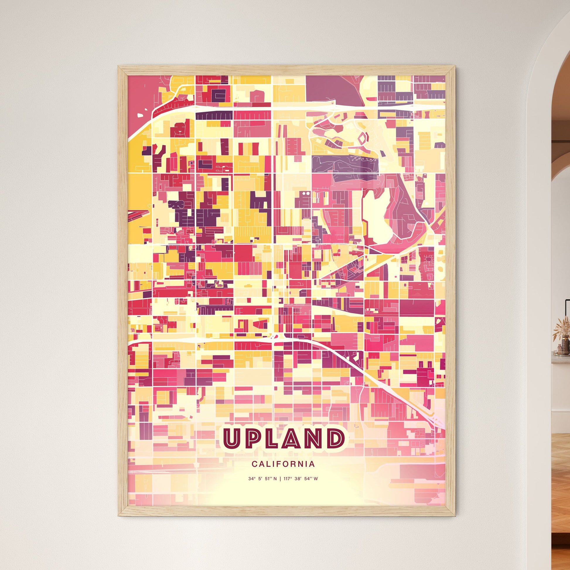 Colorful Upland California Fine Art Map Hot Red