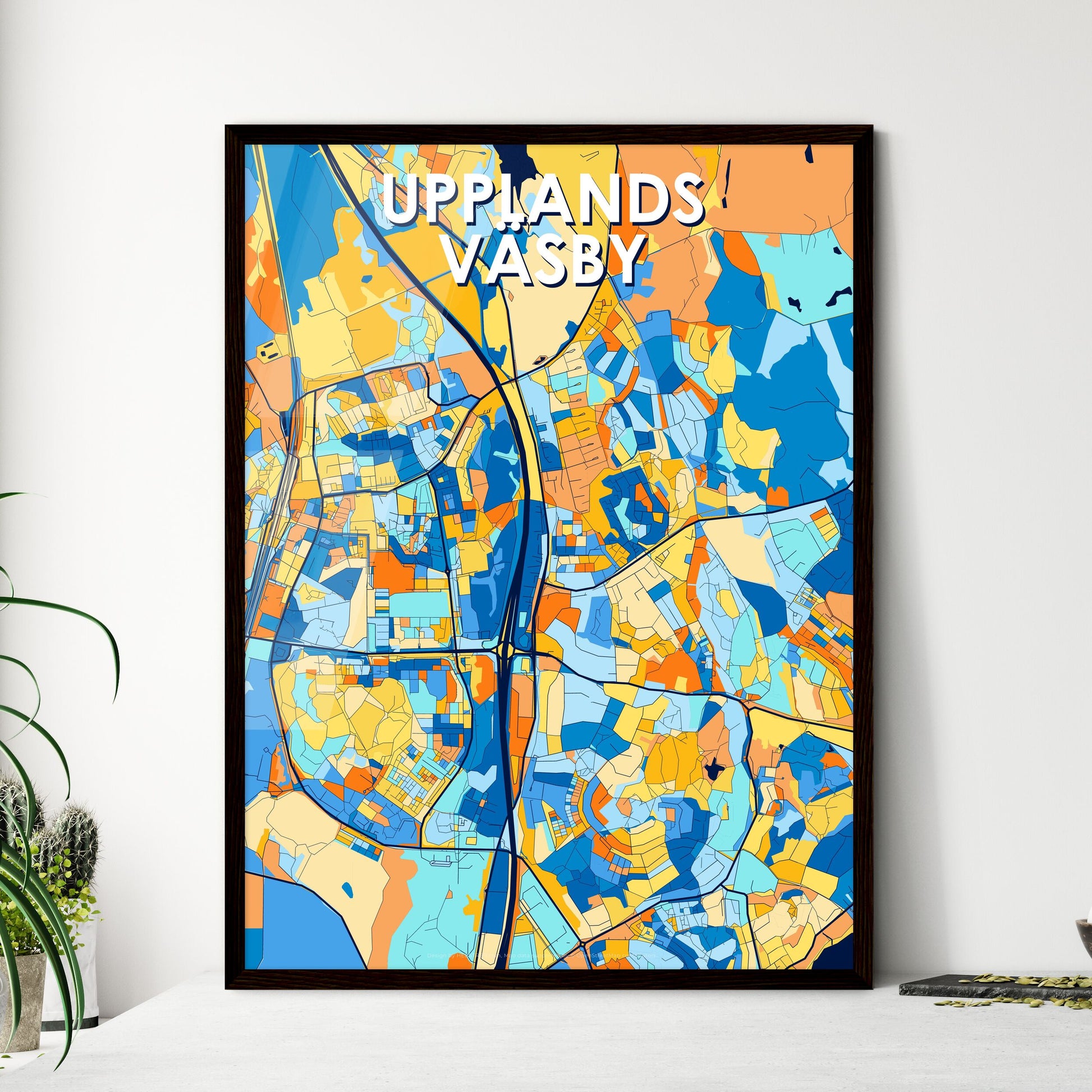 UPPLANDS VÄSBY SWEDEN Vibrant Colorful Art Map Poster Blue Orange