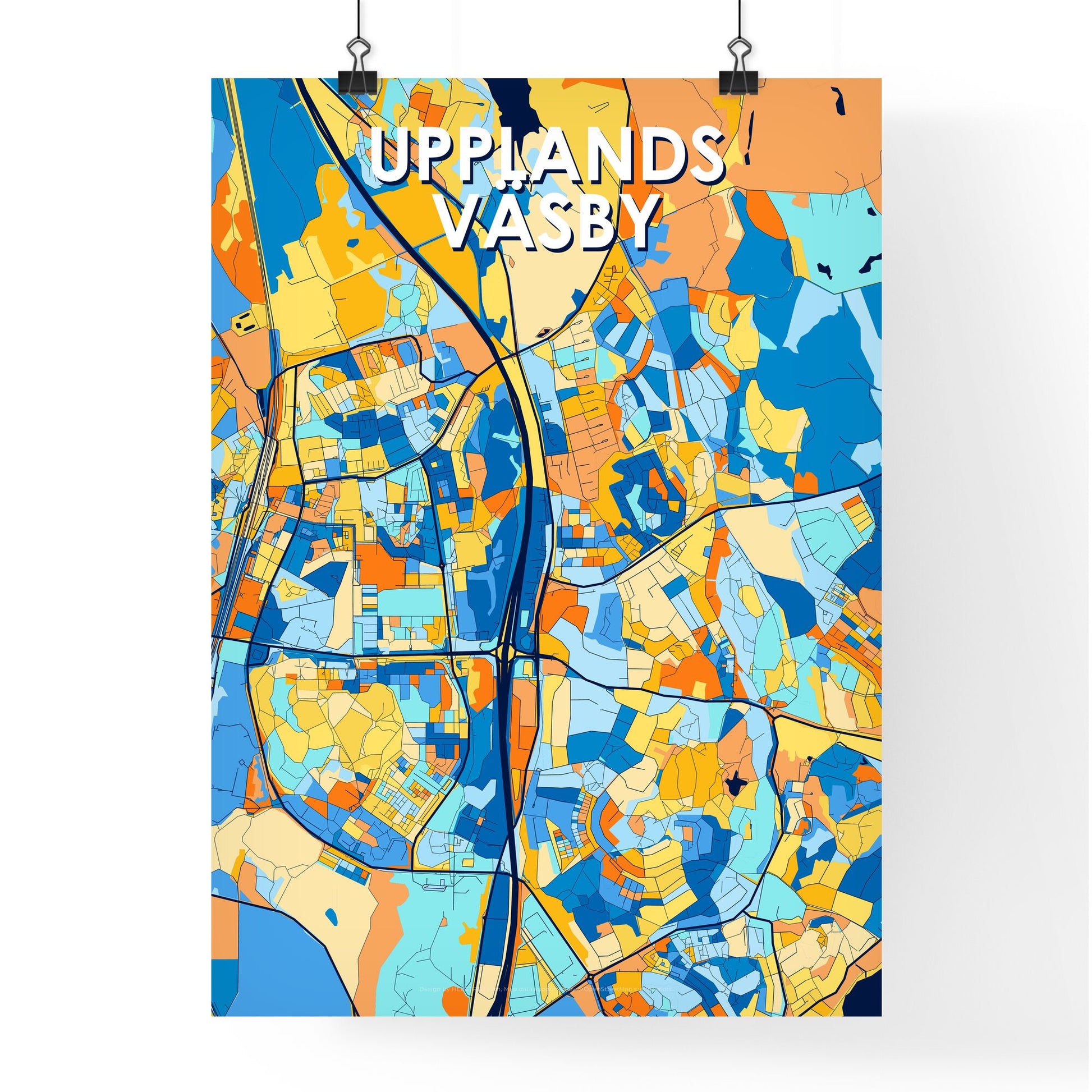 UPPLANDS VÄSBY SWEDEN Vibrant Colorful Art Map Poster Blue Orange