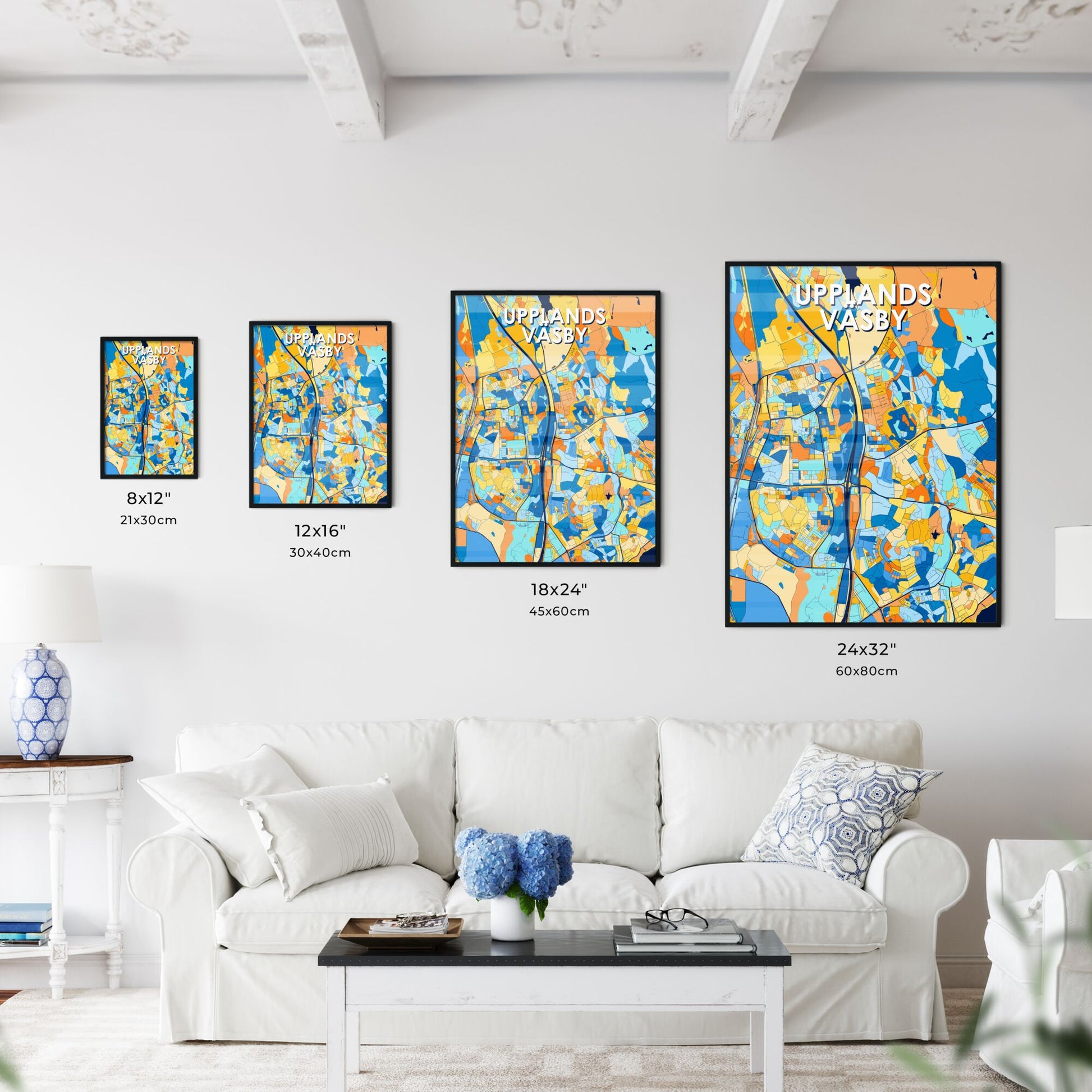 UPPLANDS VÄSBY SWEDEN Vibrant Colorful Art Map Poster Blue Orange