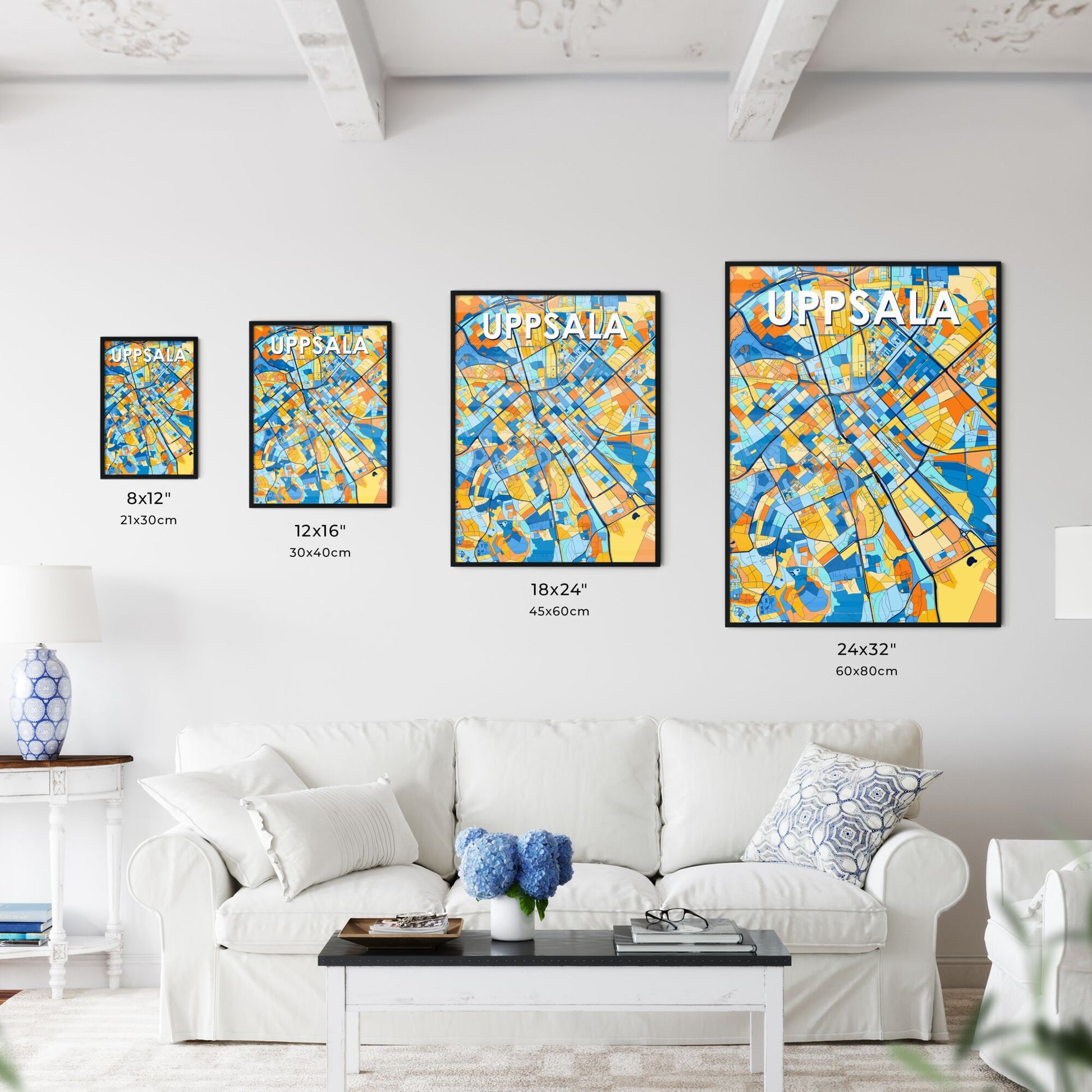 UPPSALA SWEDEN Vibrant Colorful Art Map Poster Blue Orange