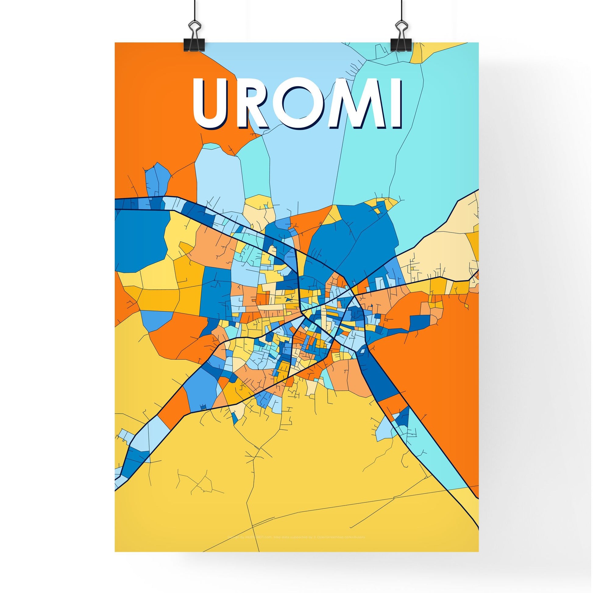 UROMI NIGERIA Vibrant Colorful Art Map Poster Blue Orange