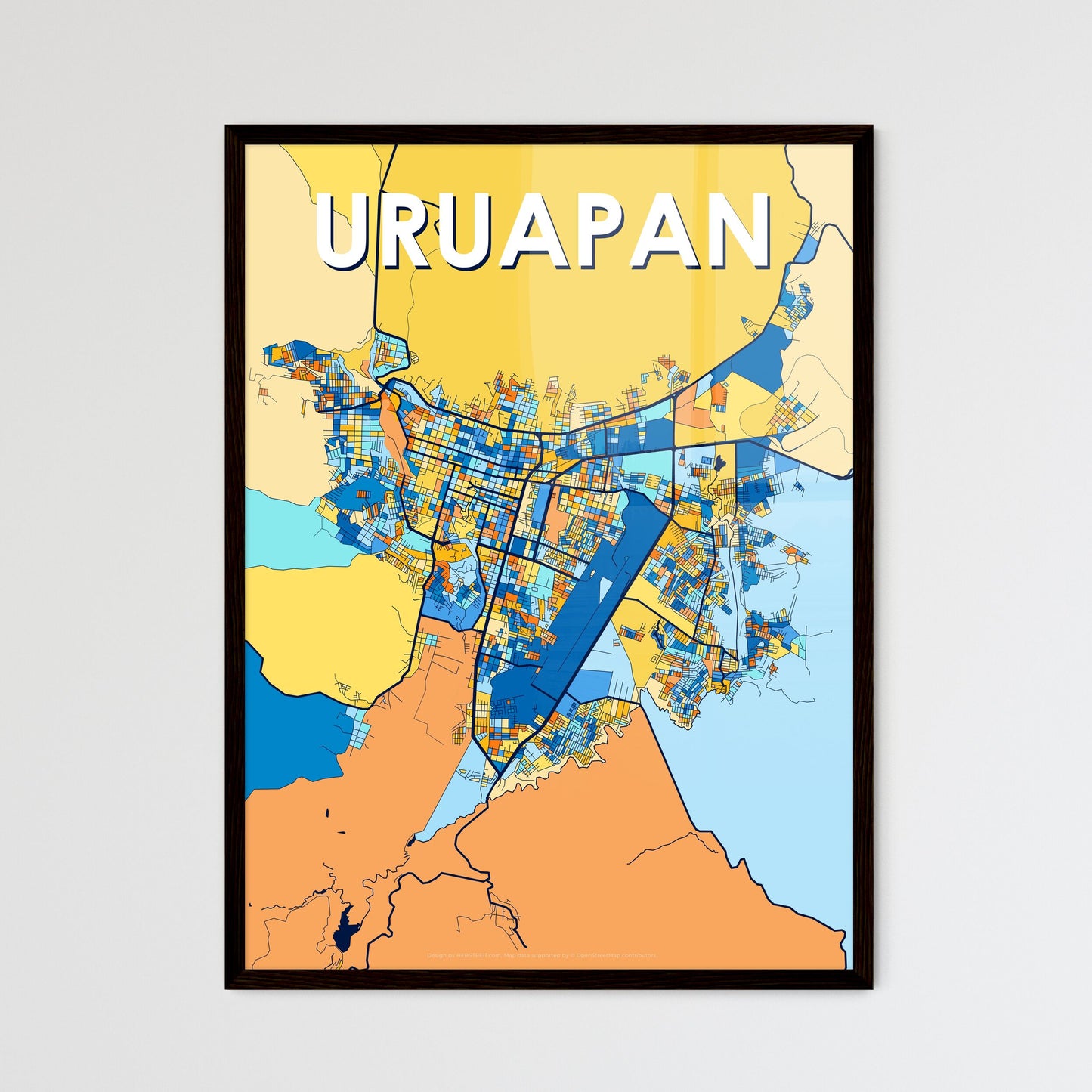 URUAPAN MEXICO Vibrant Colorful Art Map Poster Blue Orange