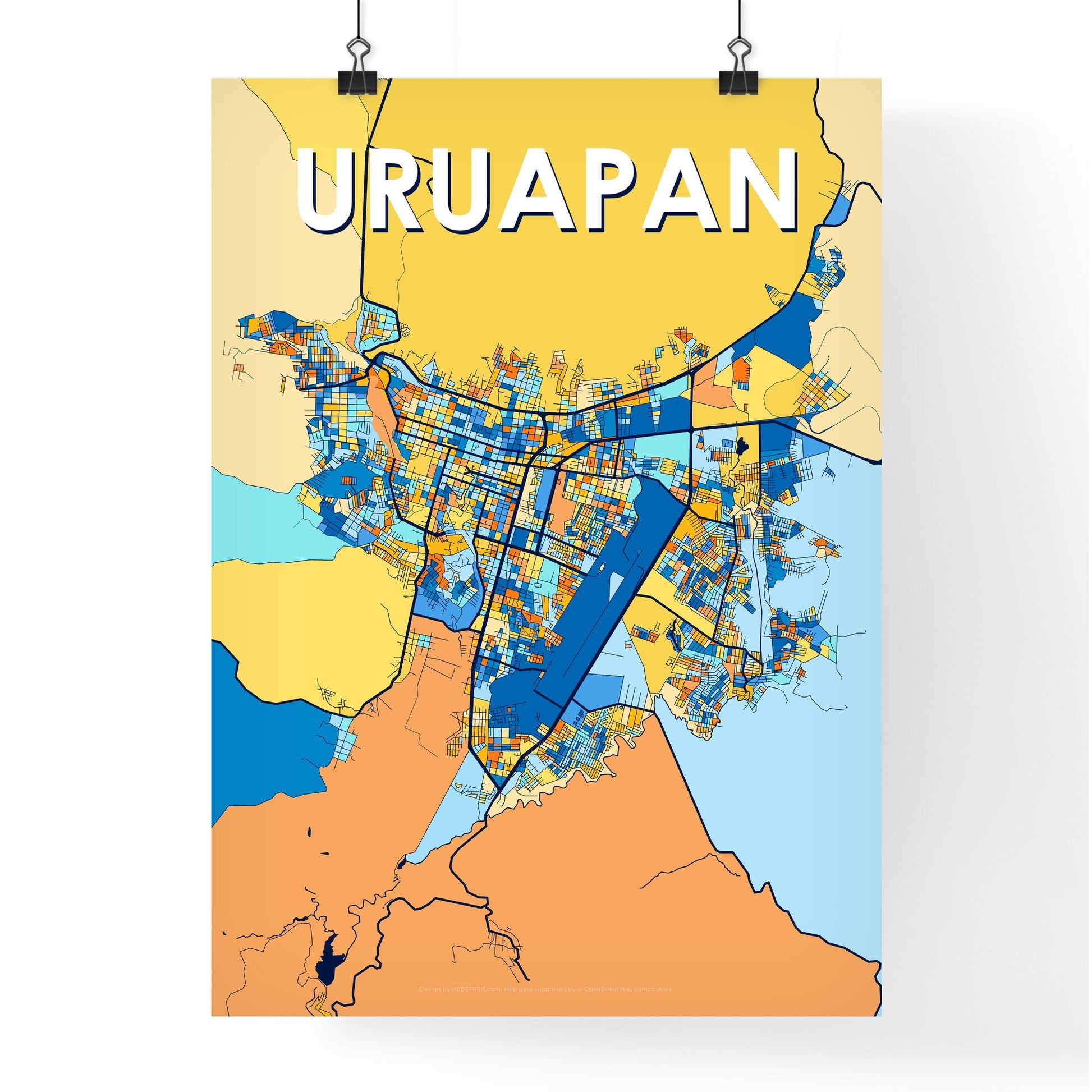 URUAPAN MEXICO Vibrant Colorful Art Map Poster Blue Orange