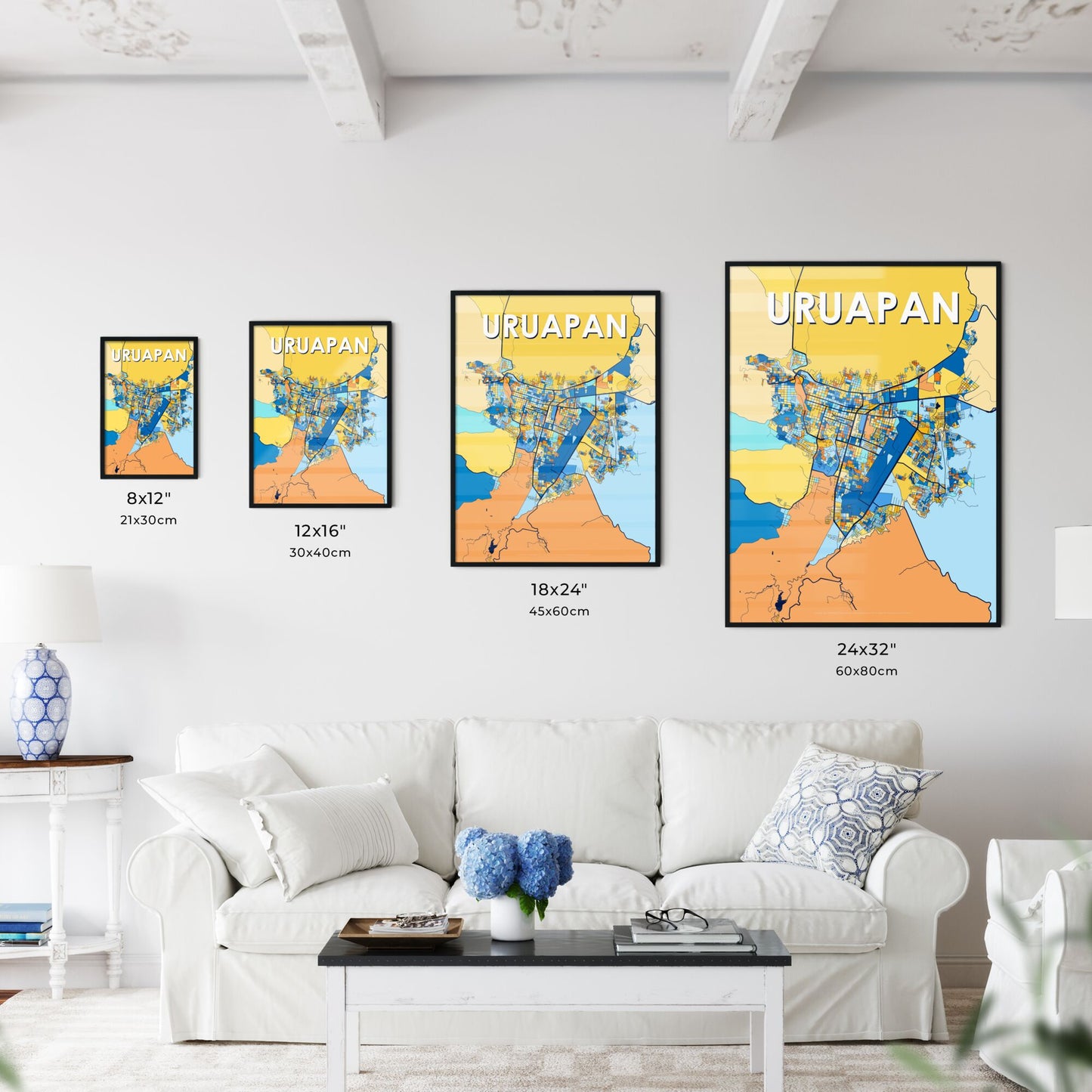 URUAPAN MEXICO Vibrant Colorful Art Map Poster Blue Orange