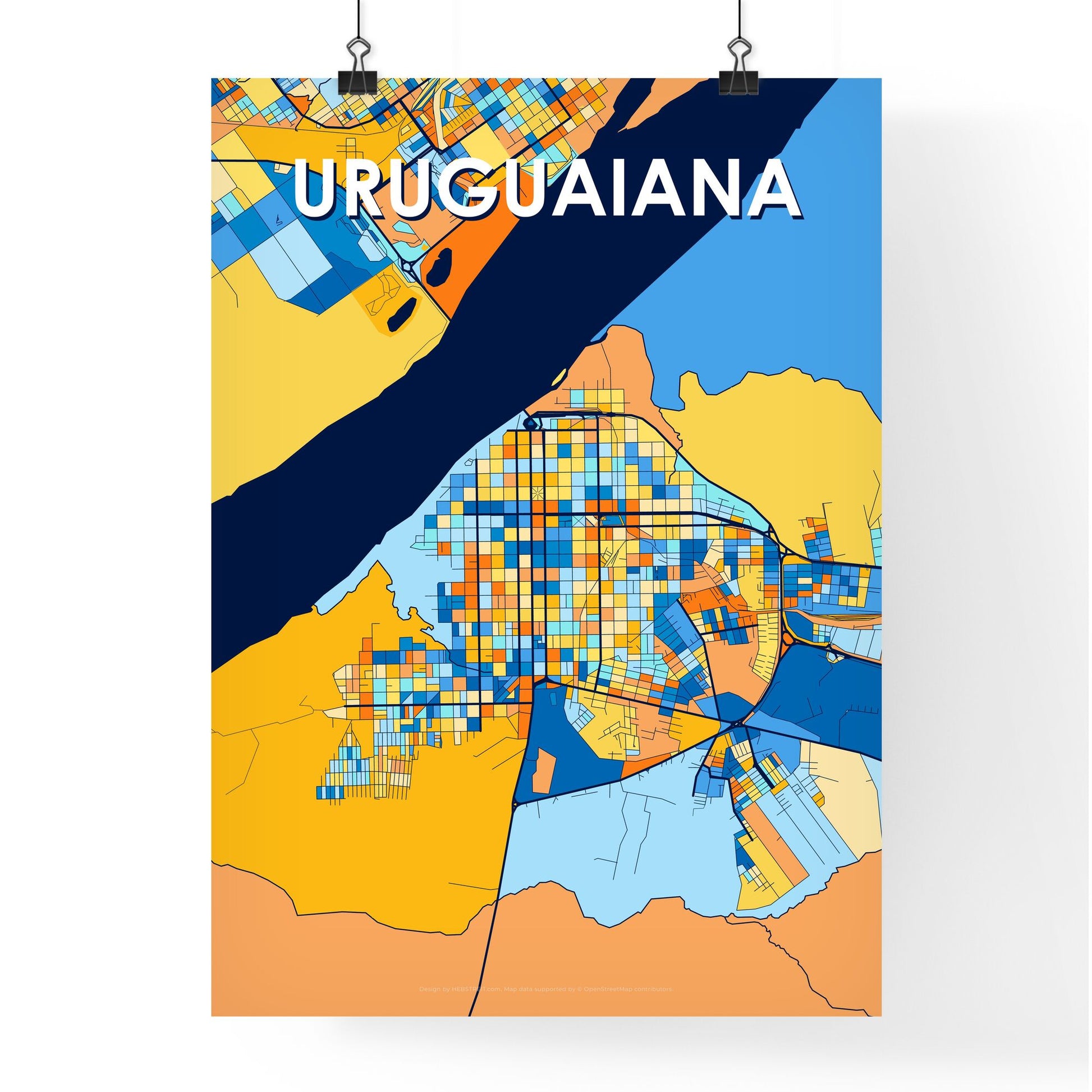 URUGUAIANA BRAZIL Vibrant Colorful Art Map Poster Blue Orange