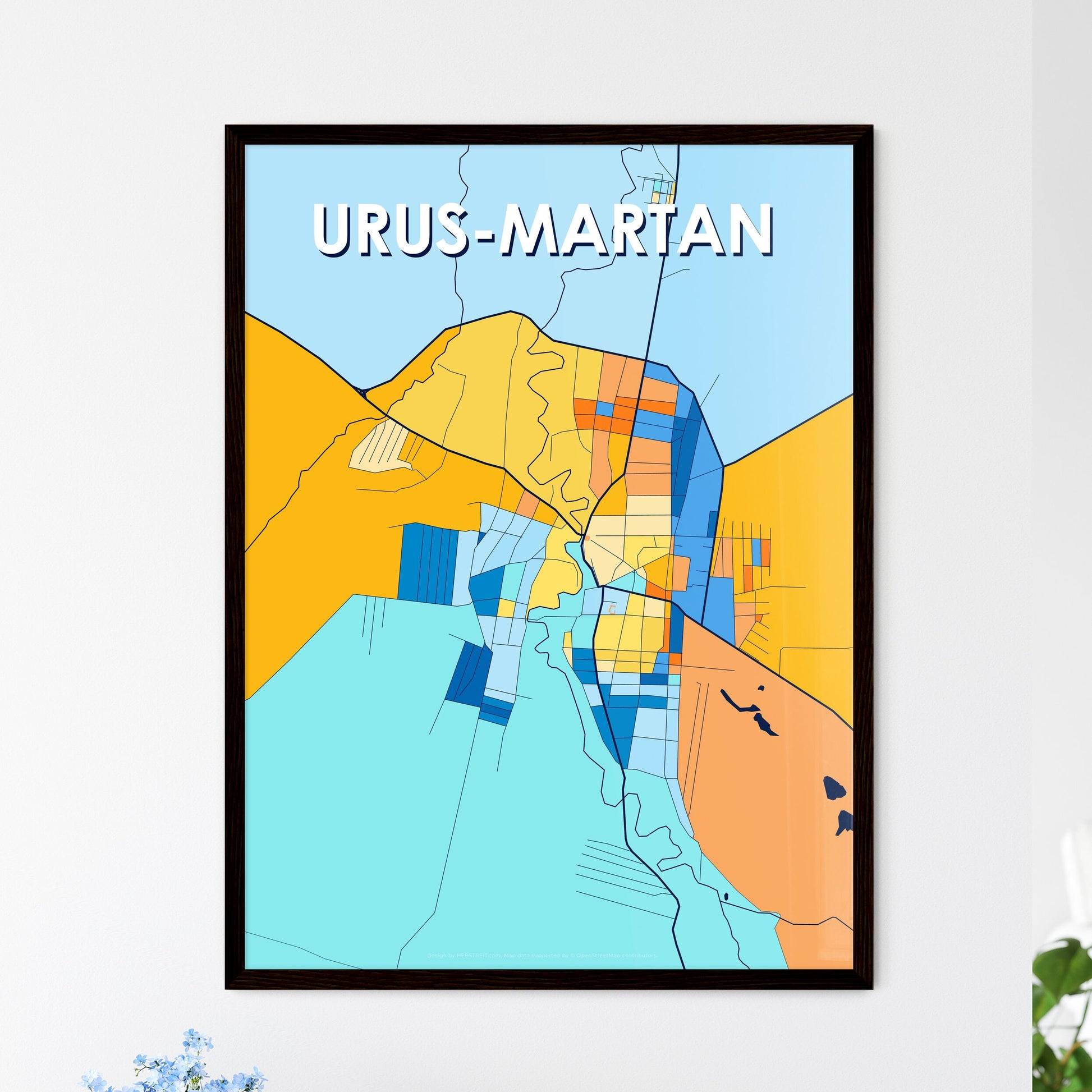 URUS-MARTAN RUSSIA Vibrant Colorful Art Map Poster Blue Orange