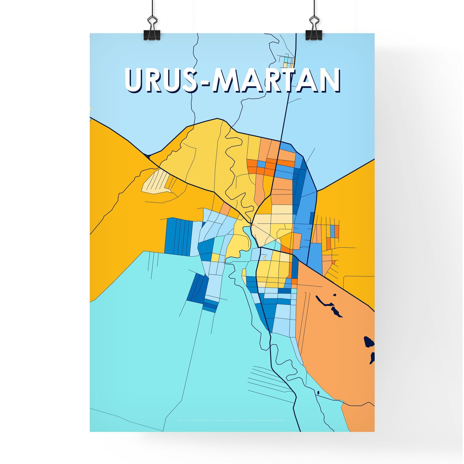 URUS-MARTAN RUSSIA Vibrant Colorful Art Map Poster Blue Orange