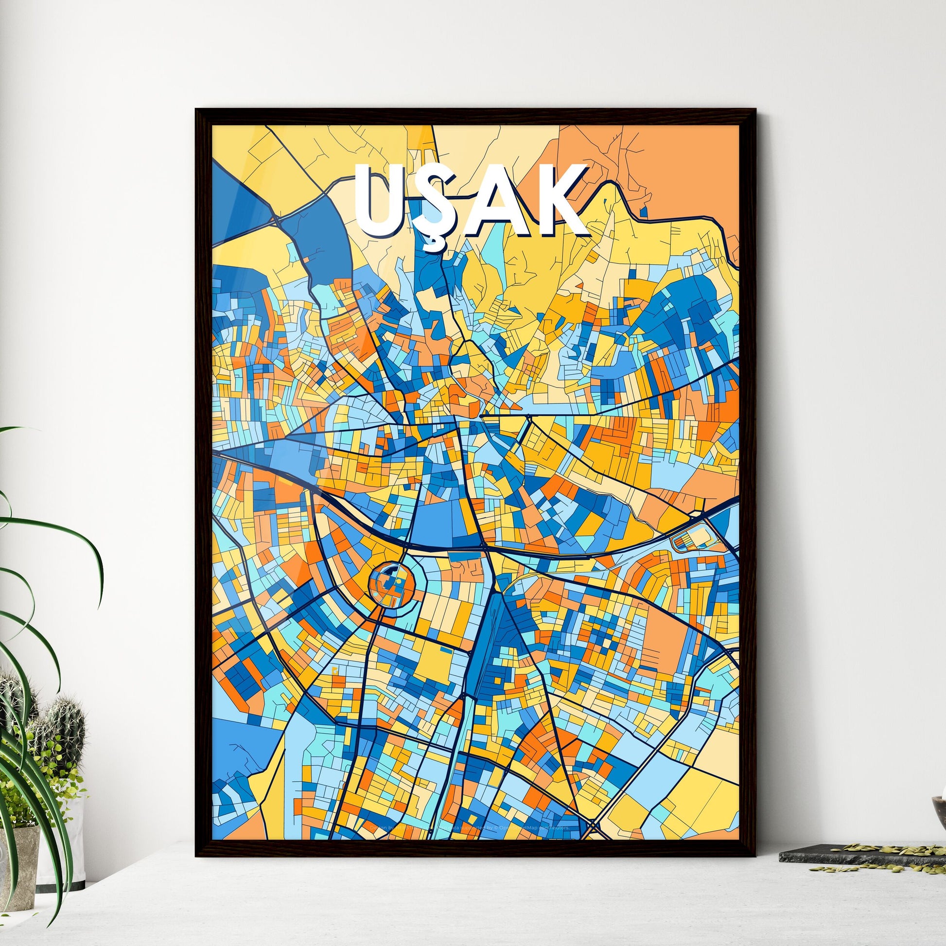 UŞAK TURKEY Vibrant Colorful Art Map Poster Blue Orange