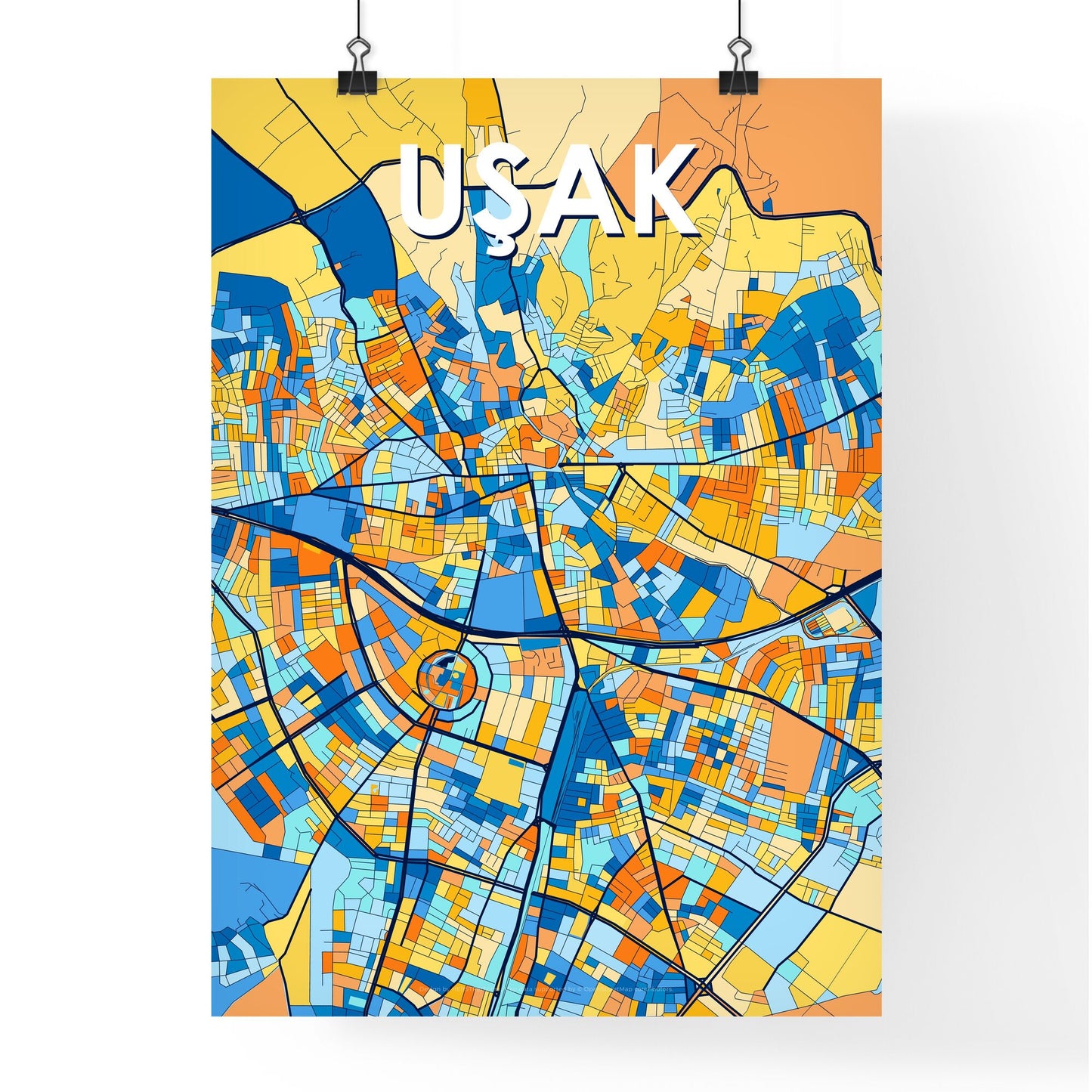 UŞAK TURKEY Vibrant Colorful Art Map Poster Blue Orange