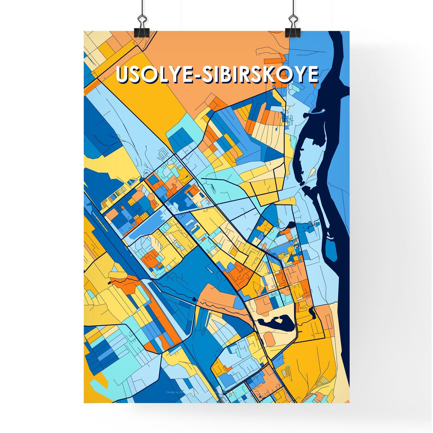 USOLYE-SIBIRSKOYE RUSSIA Vibrant Colorful Art Map Poster Blue Orange