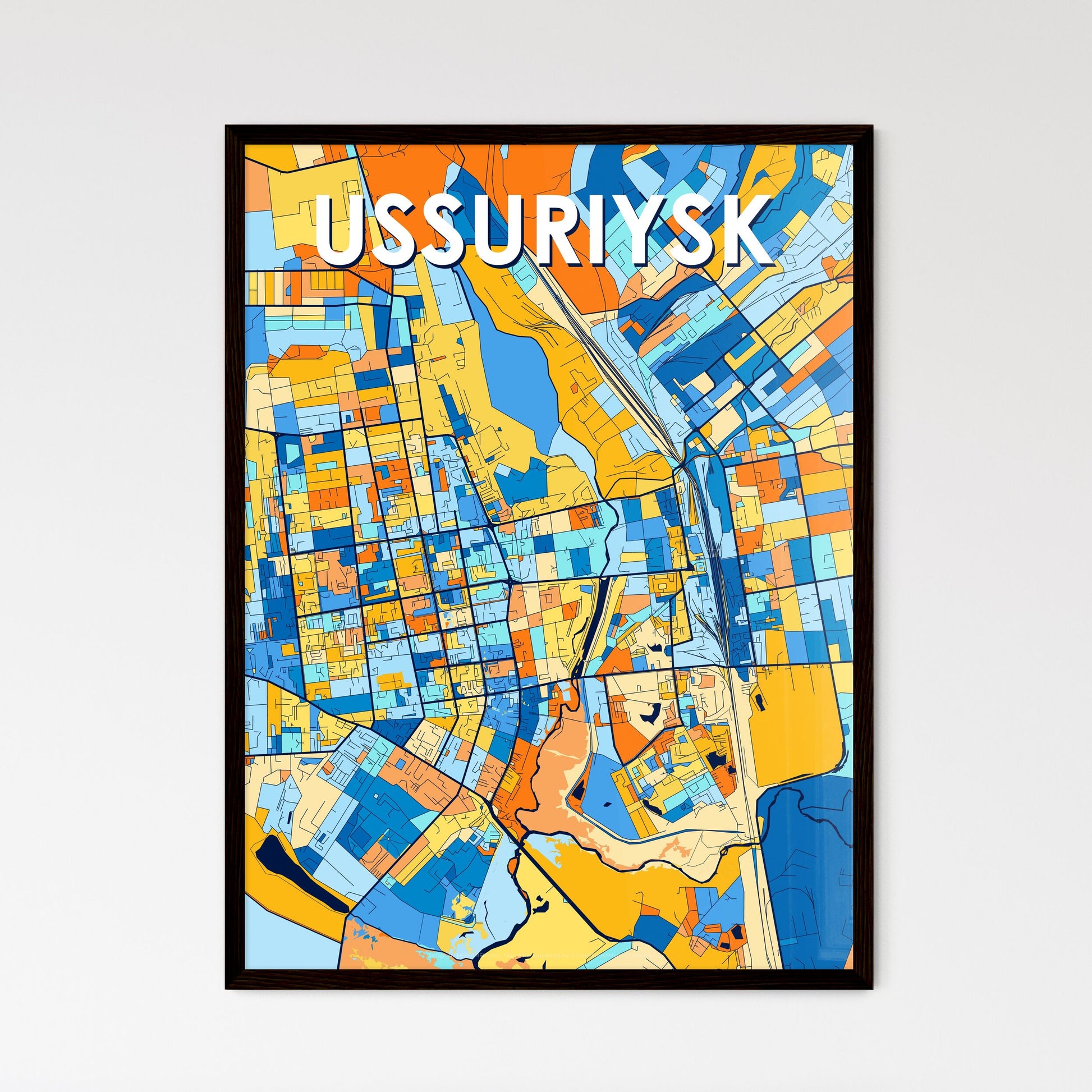 USSURIYSK RUSSIA Vibrant Colorful Art Map Poster Blue Orange