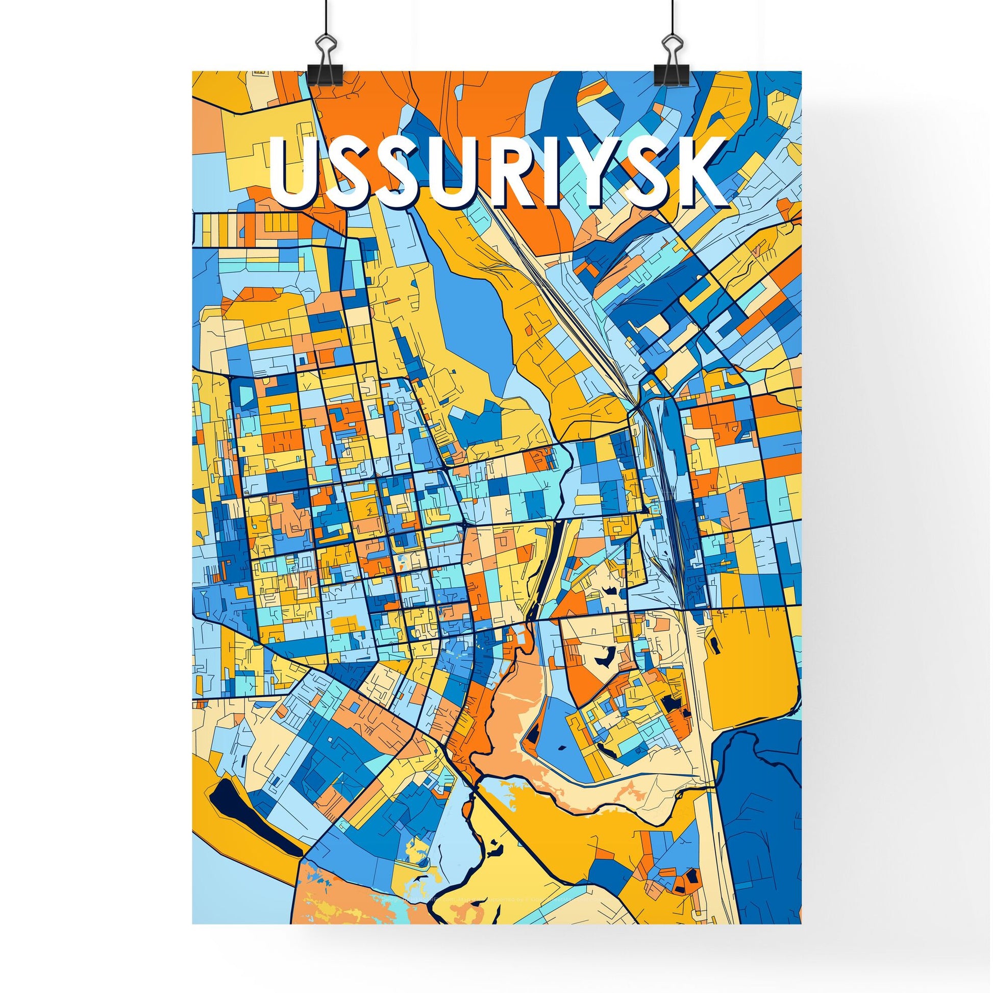 USSURIYSK RUSSIA Vibrant Colorful Art Map Poster Blue Orange