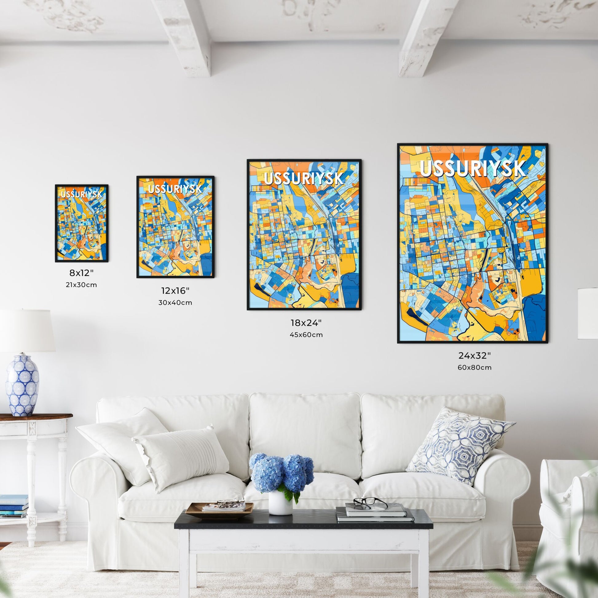 USSURIYSK RUSSIA Vibrant Colorful Art Map Poster Blue Orange