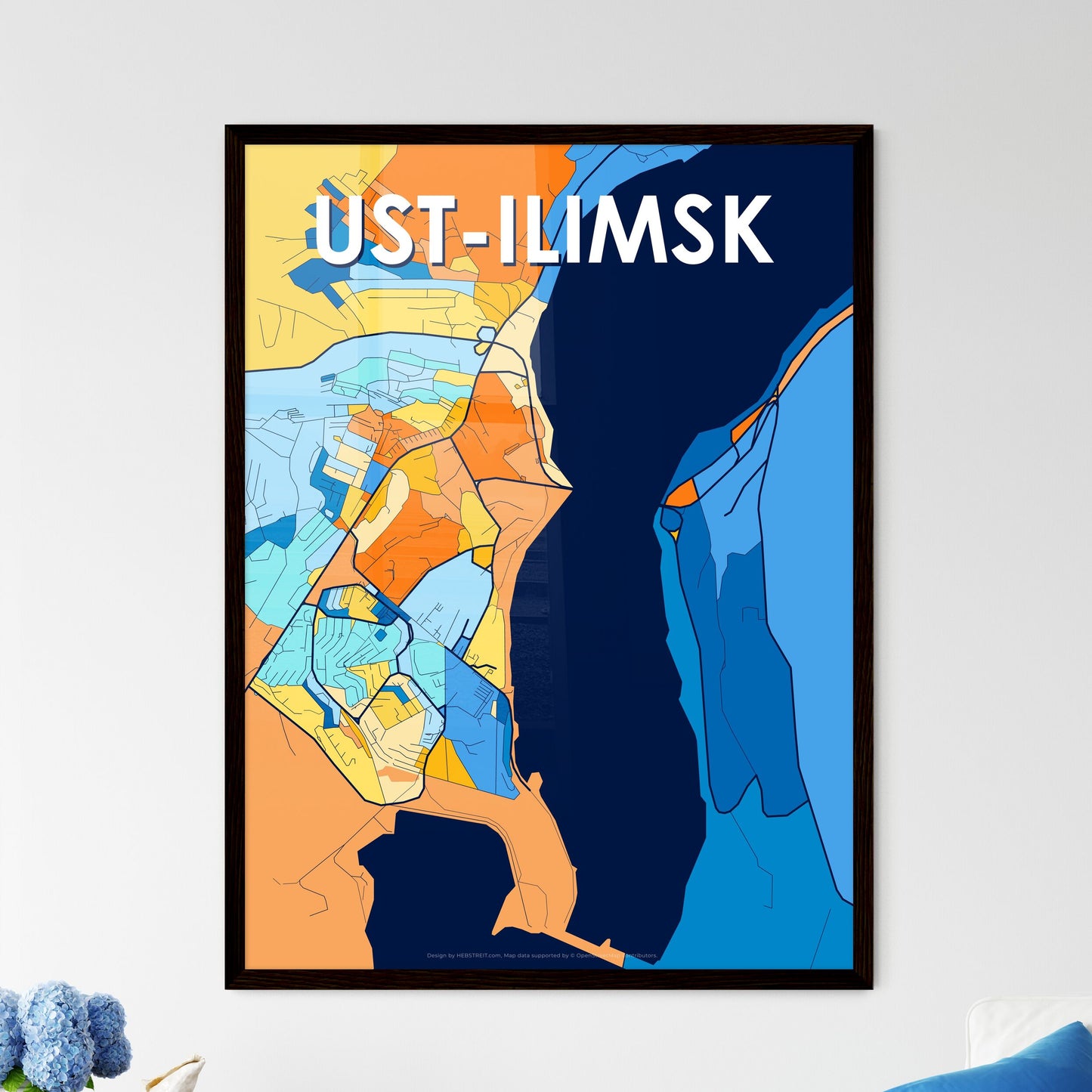 UST-ILIMSK RUSSIA Vibrant Colorful Art Map Poster Blue Orange