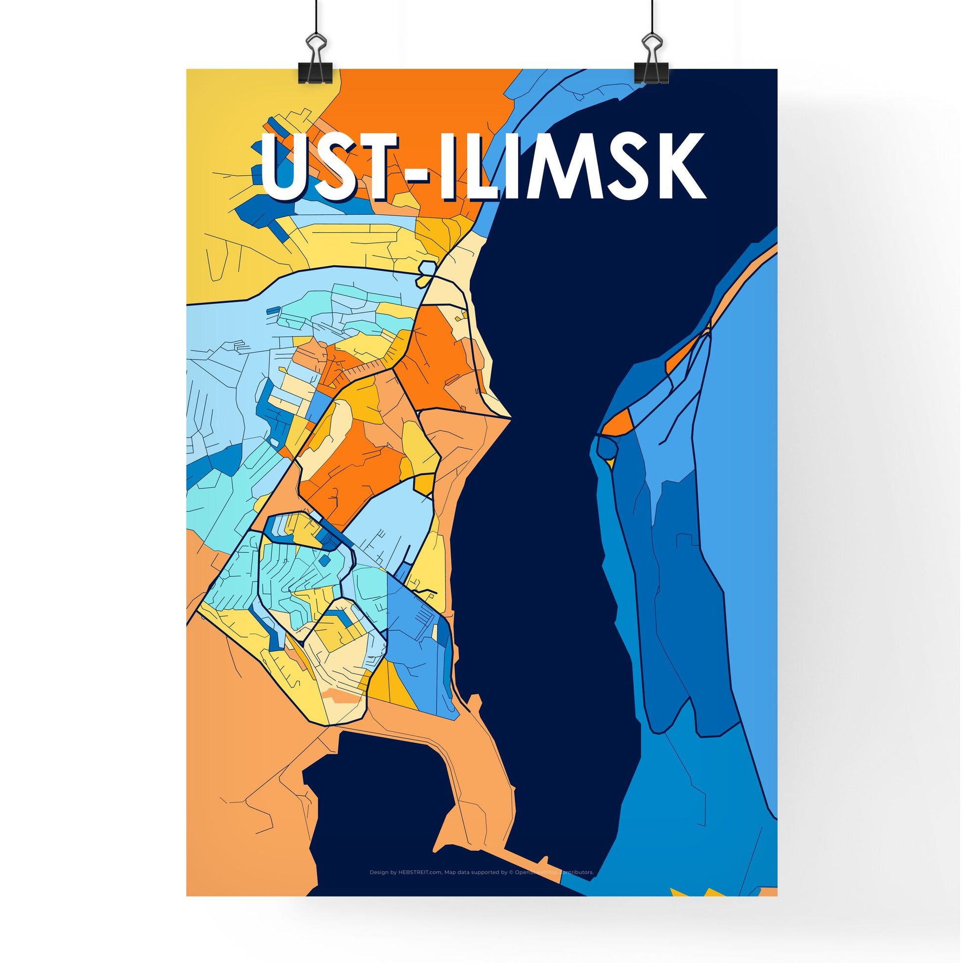 UST-ILIMSK RUSSIA Vibrant Colorful Art Map Poster Blue Orange