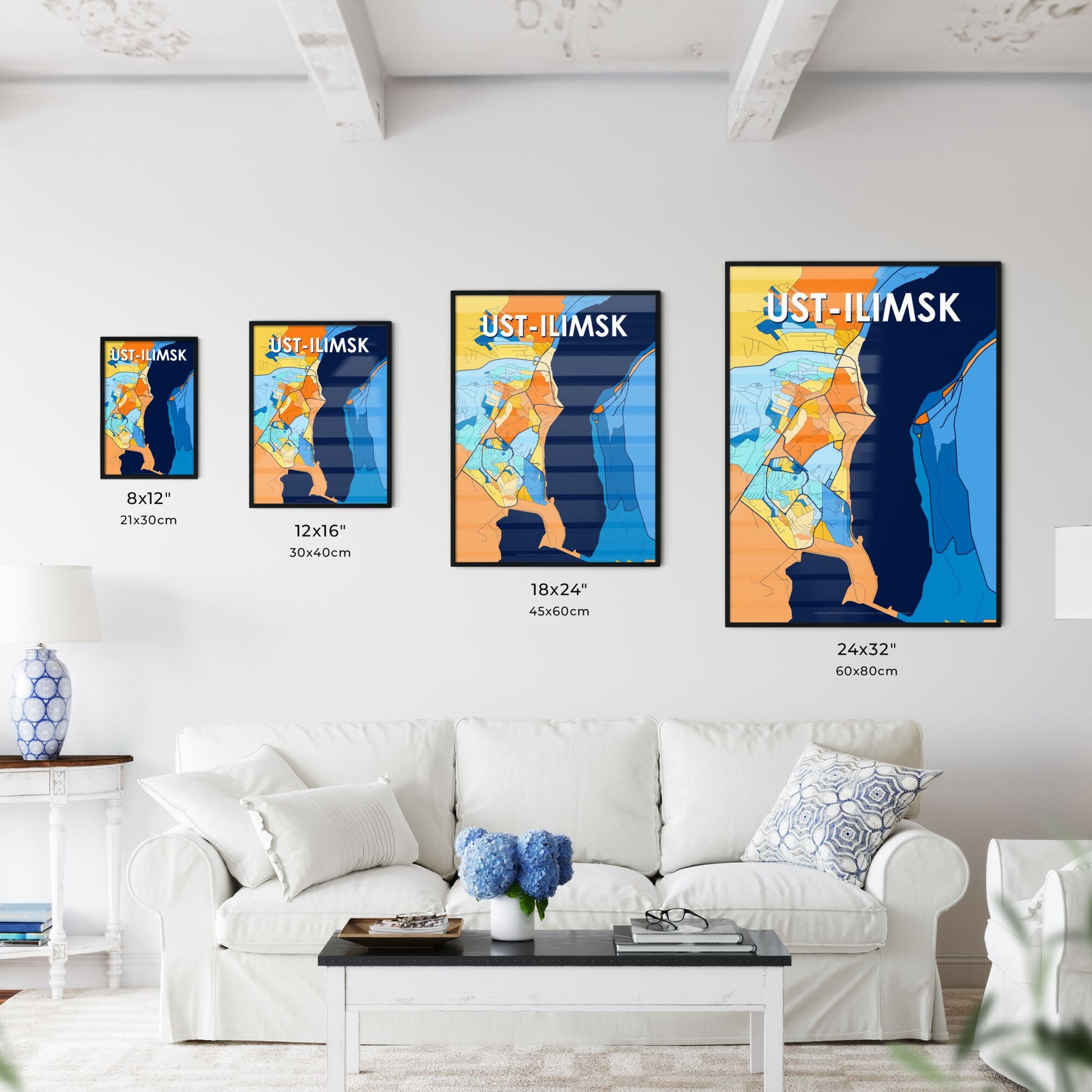 UST-ILIMSK RUSSIA Vibrant Colorful Art Map Poster Blue Orange