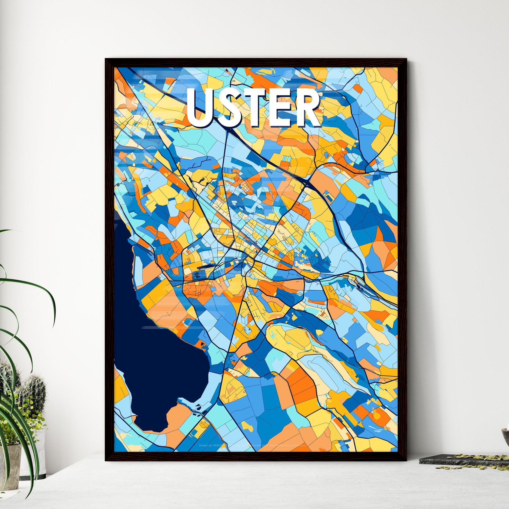 USTER SWITZERLAND Vibrant Colorful Art Map Poster Blue Orange