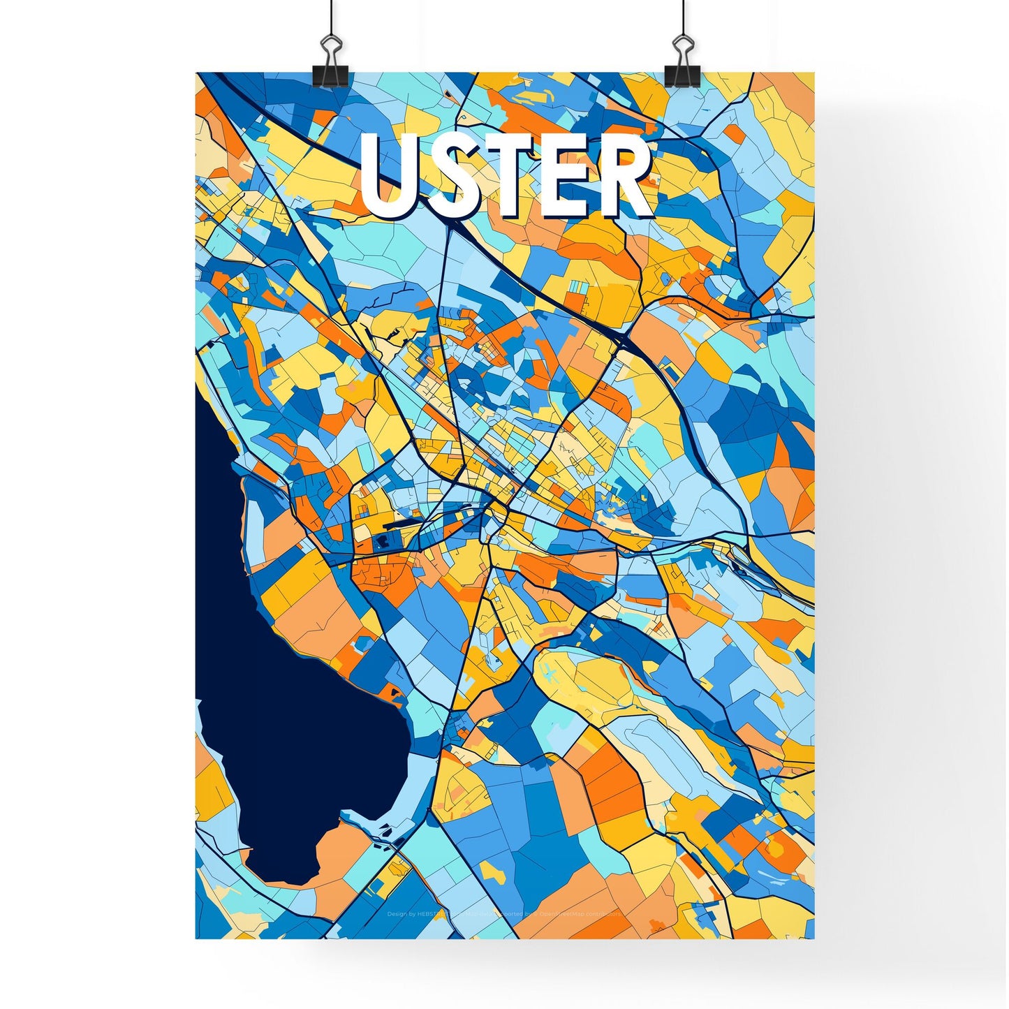 USTER SWITZERLAND Vibrant Colorful Art Map Poster Blue Orange