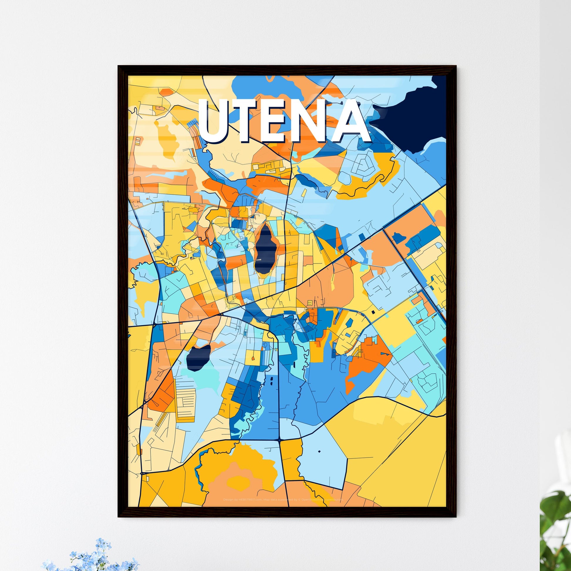 UTENA LITHUANIA Vibrant Colorful Art Map Poster Blue Orange