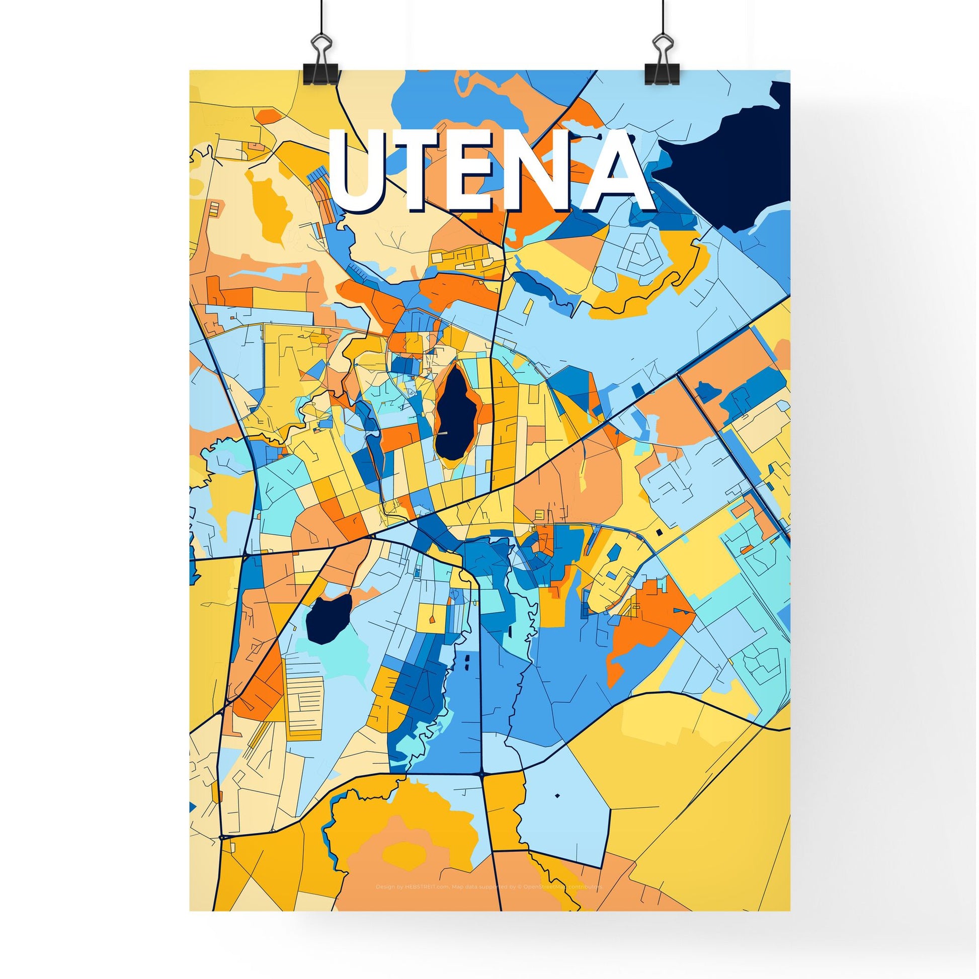 UTENA LITHUANIA Vibrant Colorful Art Map Poster Blue Orange