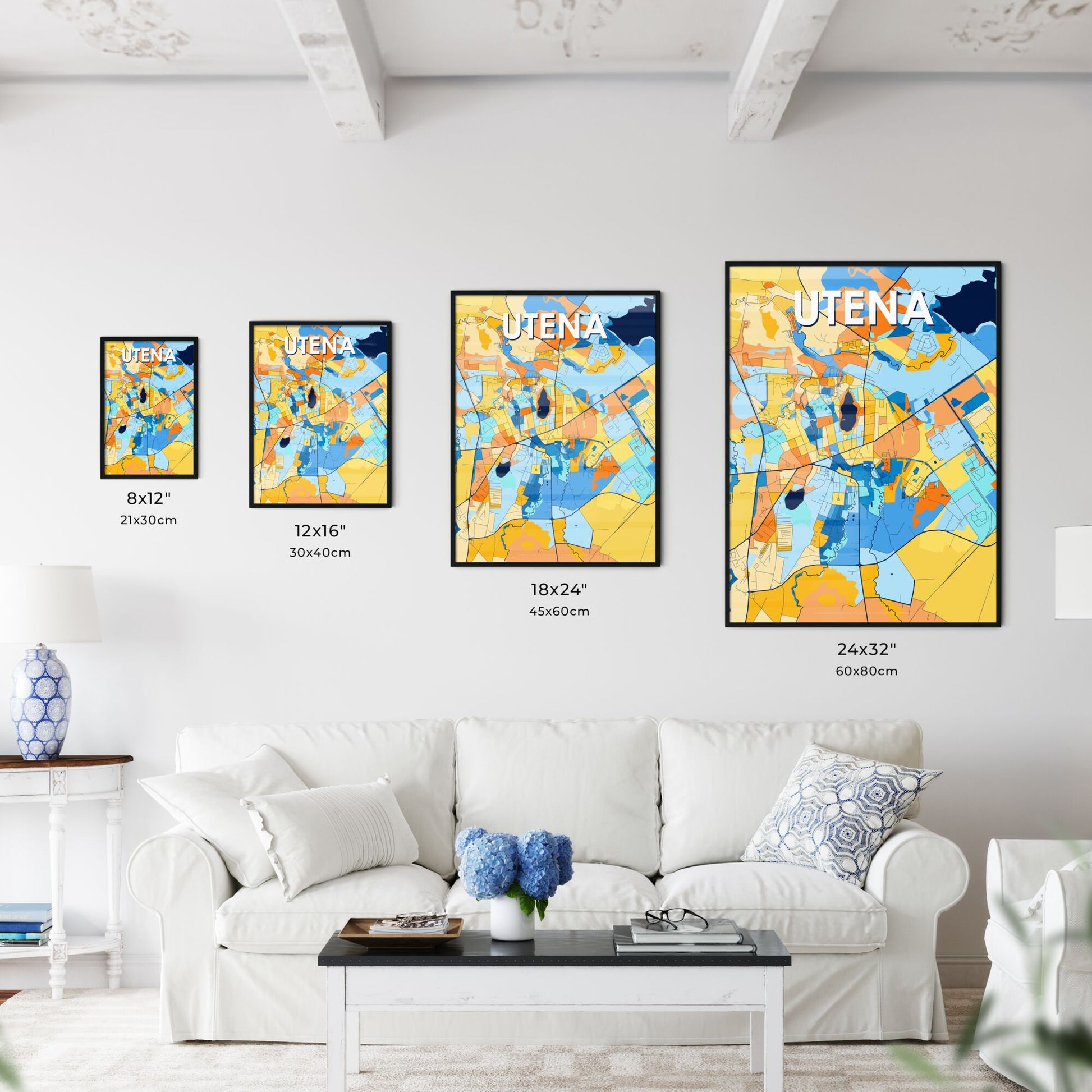 UTENA LITHUANIA Vibrant Colorful Art Map Poster Blue Orange