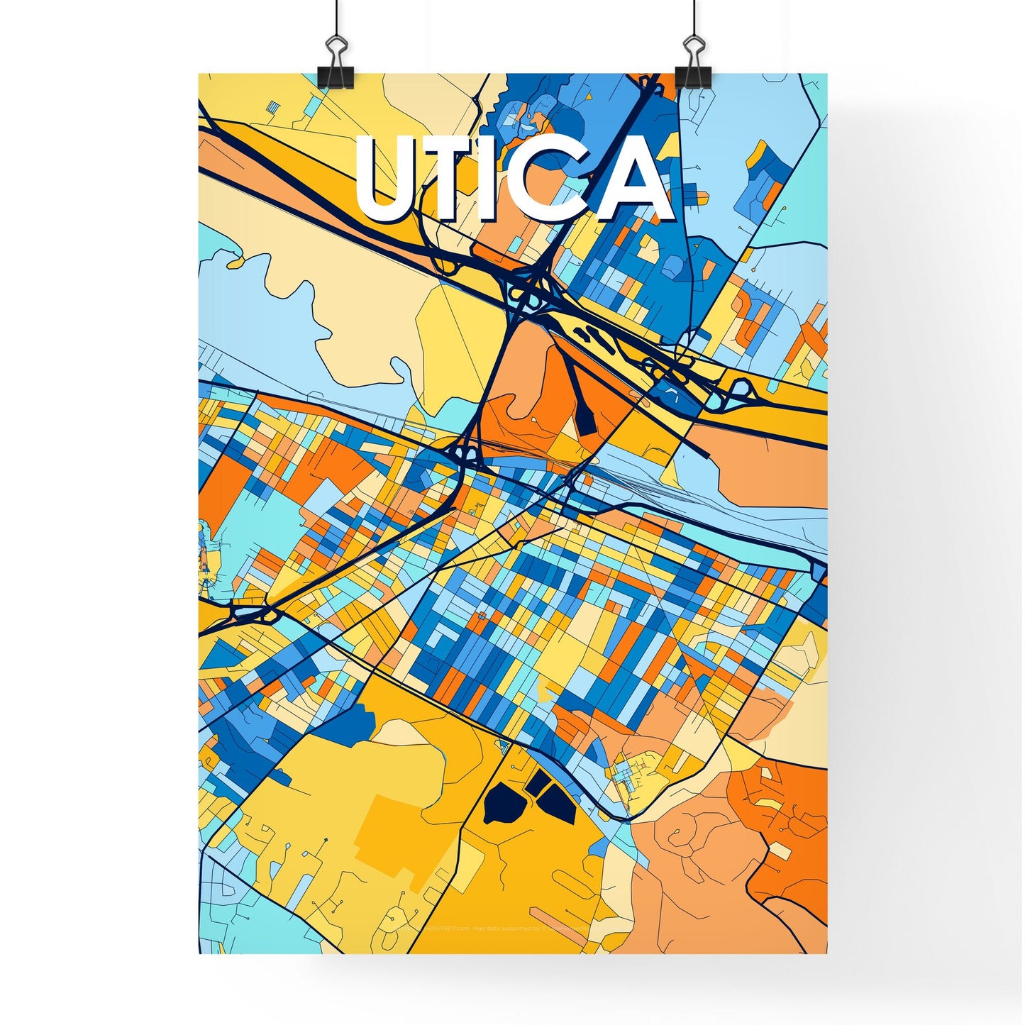 UTICA NEW YORK Vibrant Colorful Art Map Poster Blue Orange