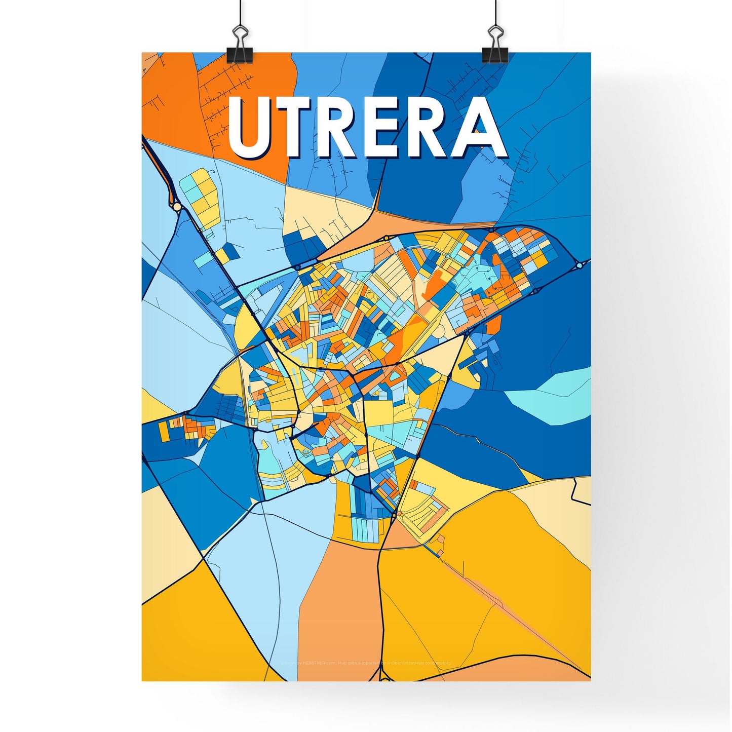 UTRERA SPAIN Vibrant Colorful Art Map Poster Blue Orange