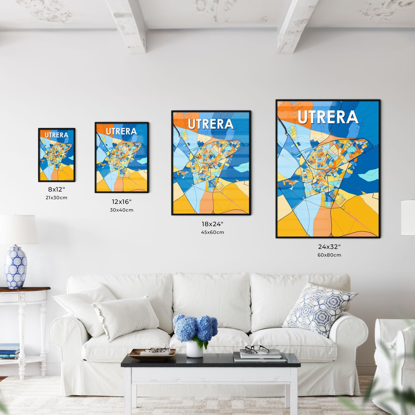 UTRERA SPAIN Vibrant Colorful Art Map Poster Blue Orange