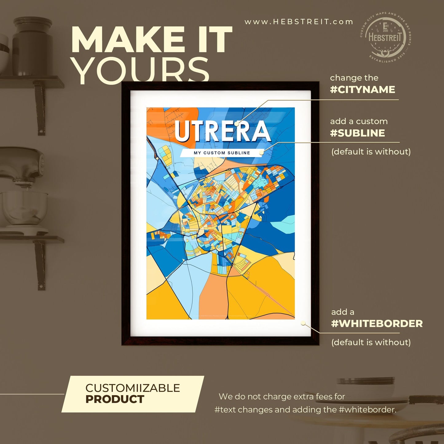 UTRERA SPAIN Vibrant Colorful Art Map Poster Blue Orange