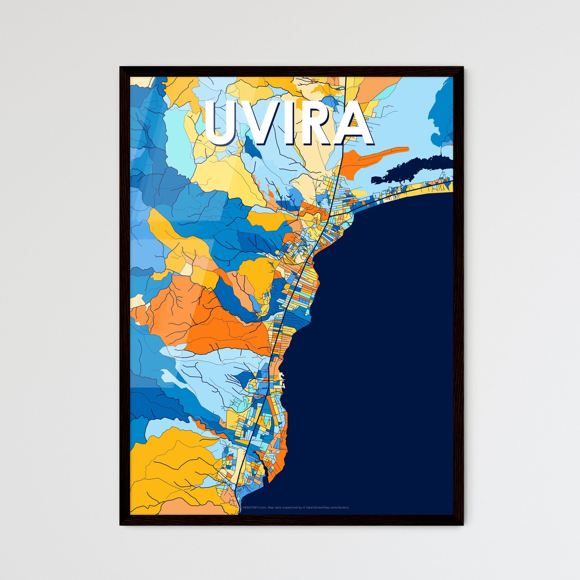 UVIRA DR CONGO Vibrant Colorful Art Map Poster Blue Orange