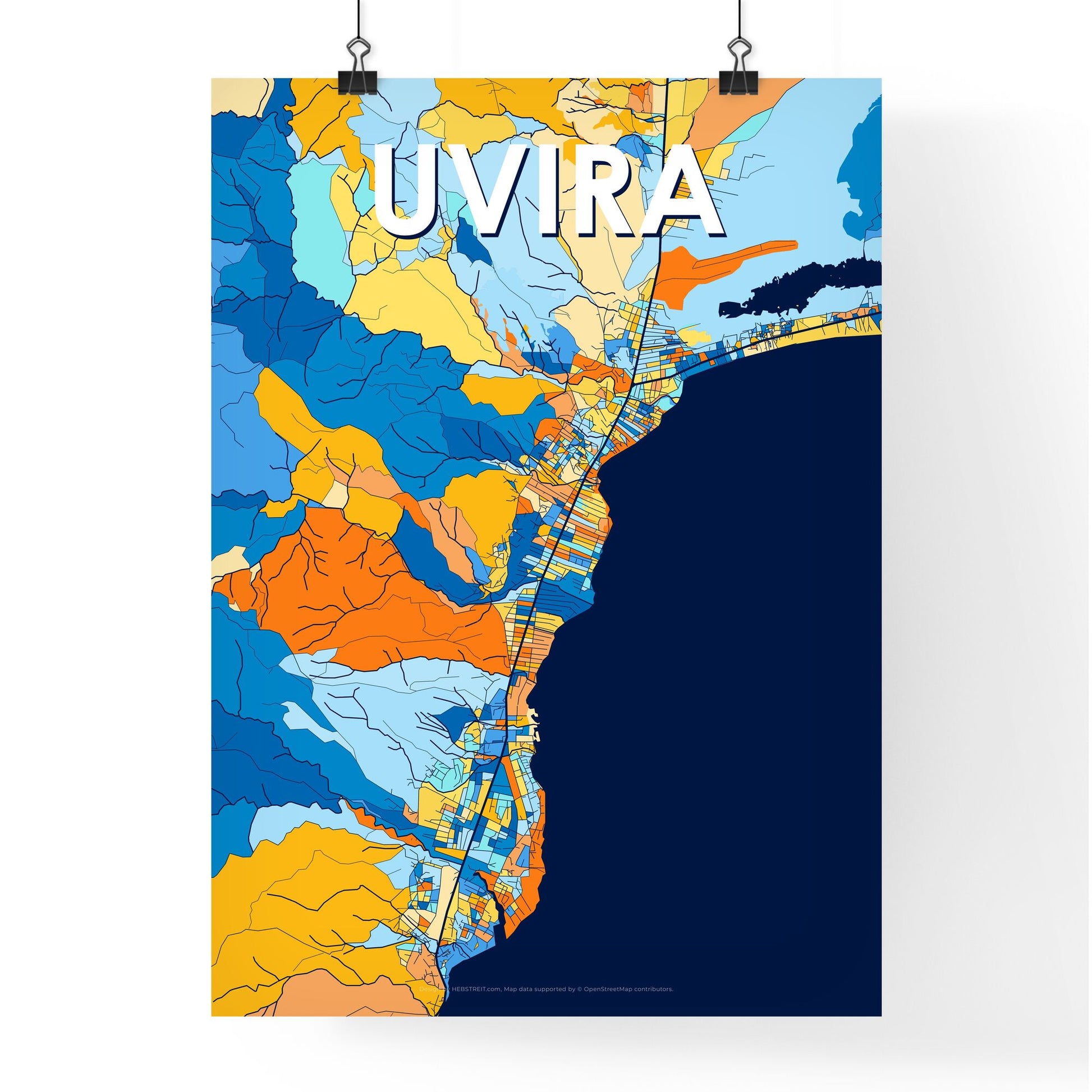 UVIRA DR CONGO Vibrant Colorful Art Map Poster Blue Orange