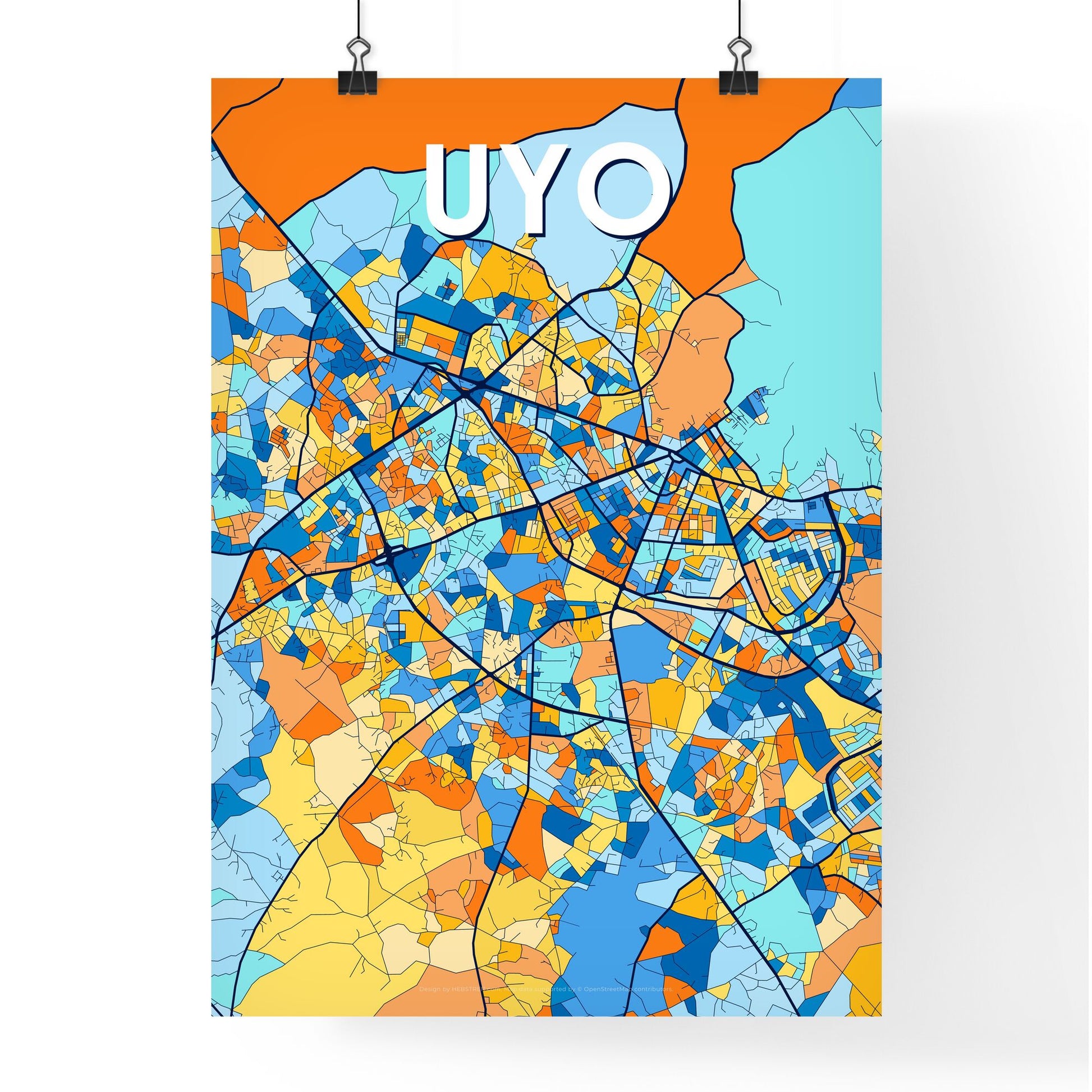 UYO NIGERIA Vibrant Colorful Art Map Poster Blue Orange