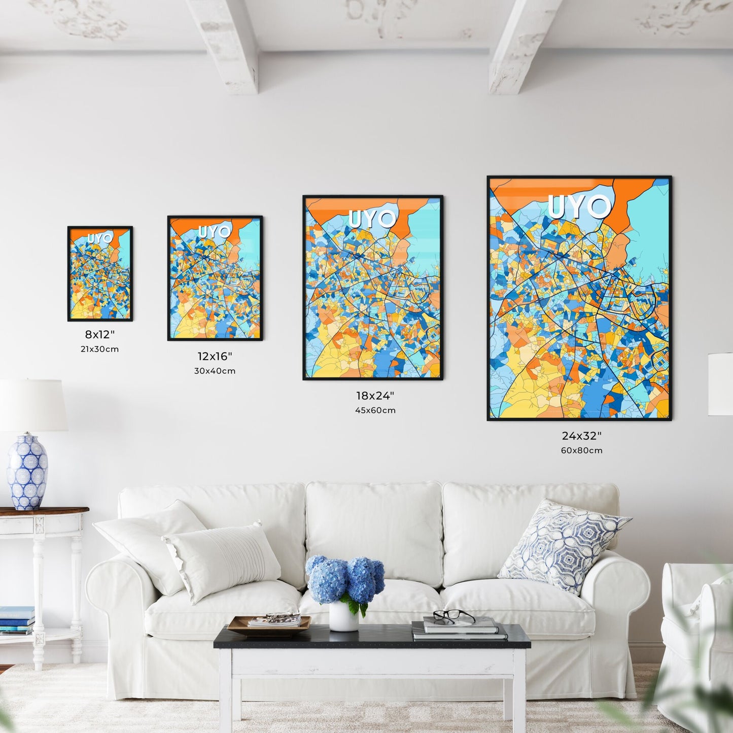 UYO NIGERIA Vibrant Colorful Art Map Poster Blue Orange