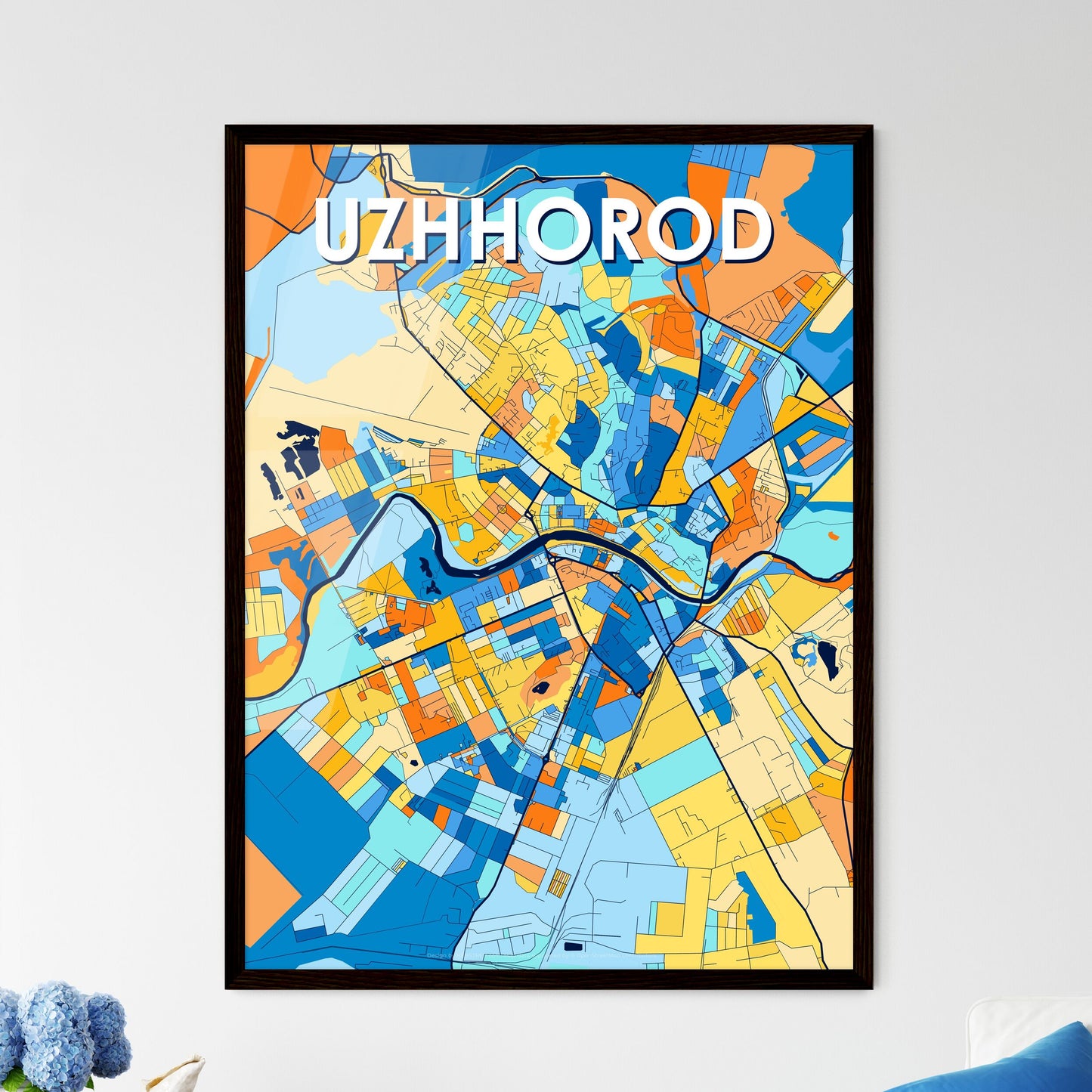 UZHHOROD UKRAINE Vibrant Colorful Art Map Poster Blue Orange