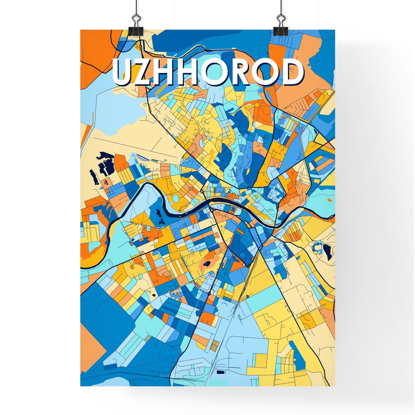 UZHHOROD UKRAINE Vibrant Colorful Art Map Poster Blue Orange