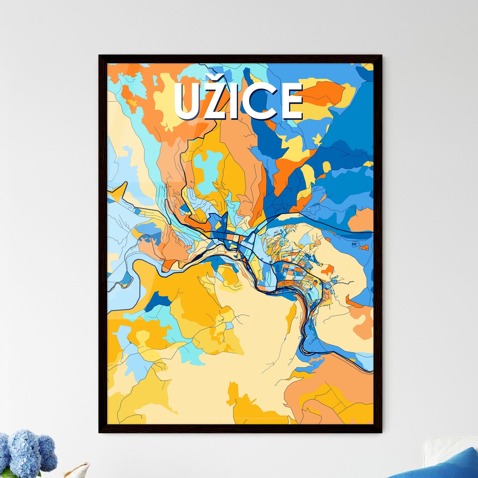 UŽICE SERBIA Vibrant Colorful Art Map Poster Blue Orange