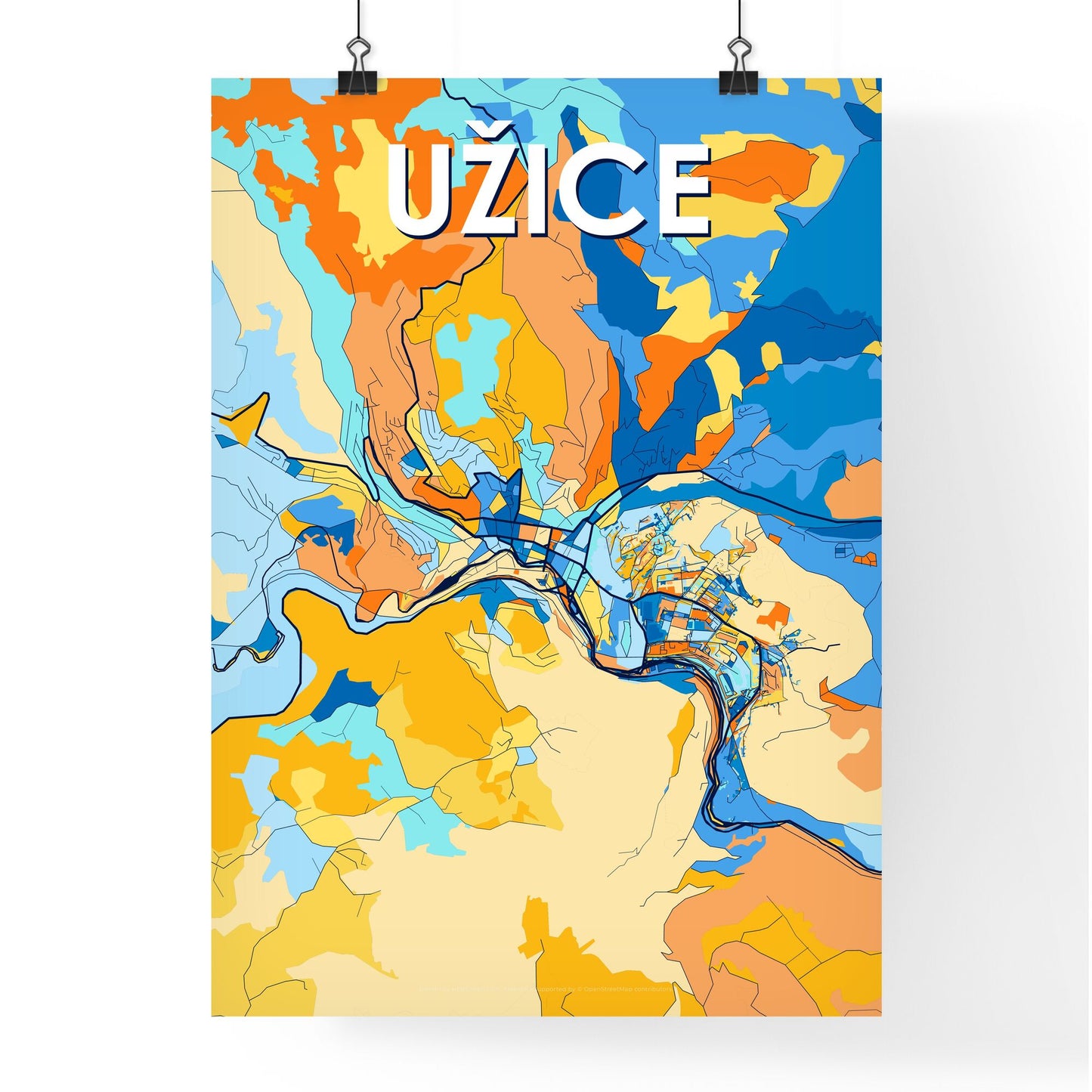 UŽICE SERBIA Vibrant Colorful Art Map Poster Blue Orange