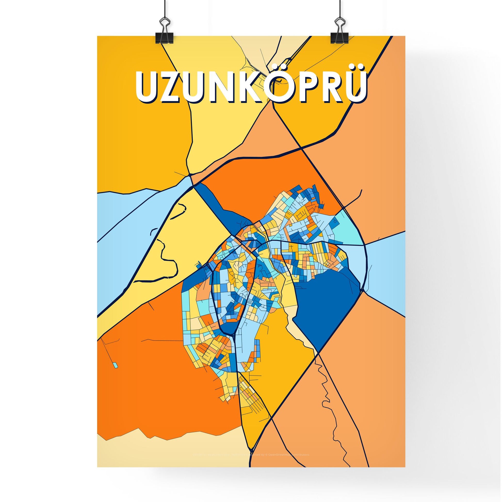 UZUNKÖPRÜ TURKEY Vibrant Colorful Art Map Poster Blue Orange