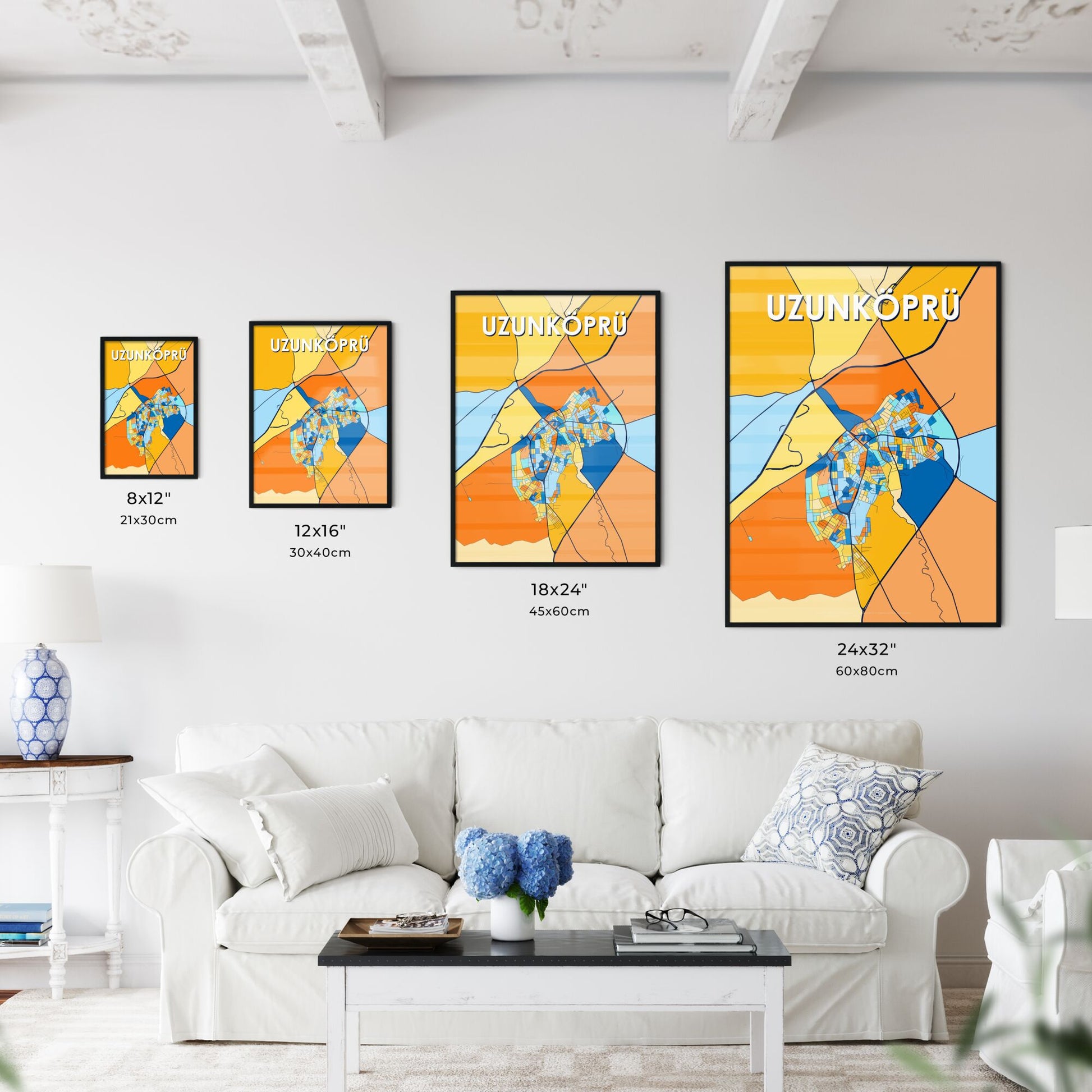 UZUNKÖPRÜ TURKEY Vibrant Colorful Art Map Poster Blue Orange