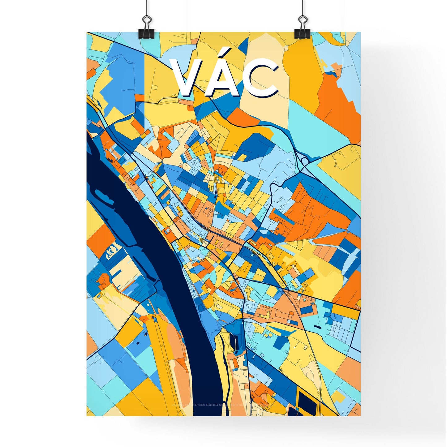 VÁC HUNGARY Vibrant Colorful Art Map Poster Blue Orange