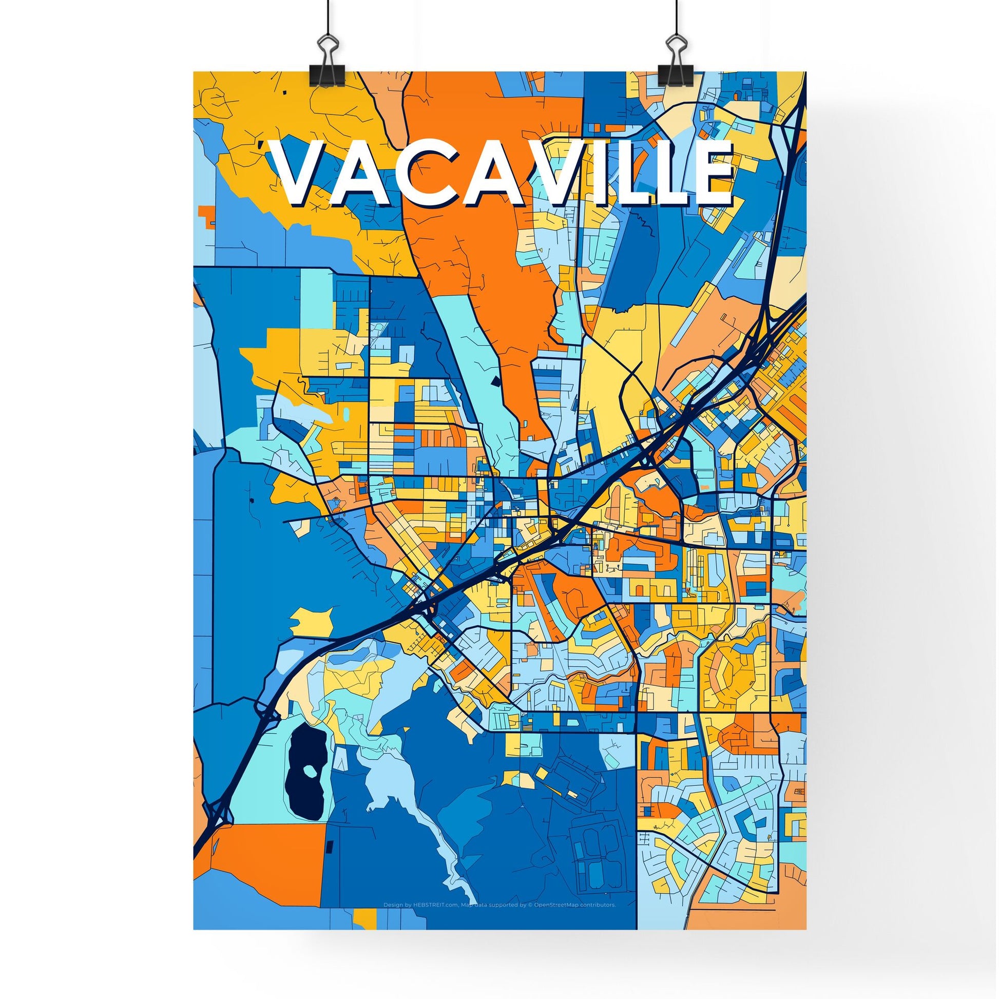 VACAVILLE CALIFORNIA Vibrant Colorful Art Map Poster Blue Orange