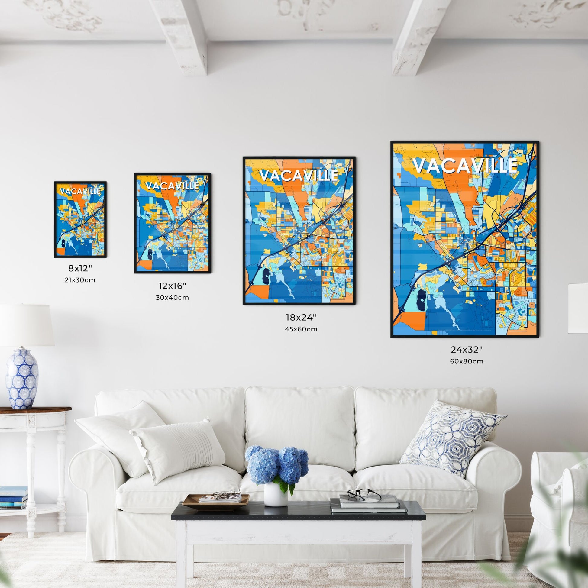 VACAVILLE CALIFORNIA Vibrant Colorful Art Map Poster Blue Orange